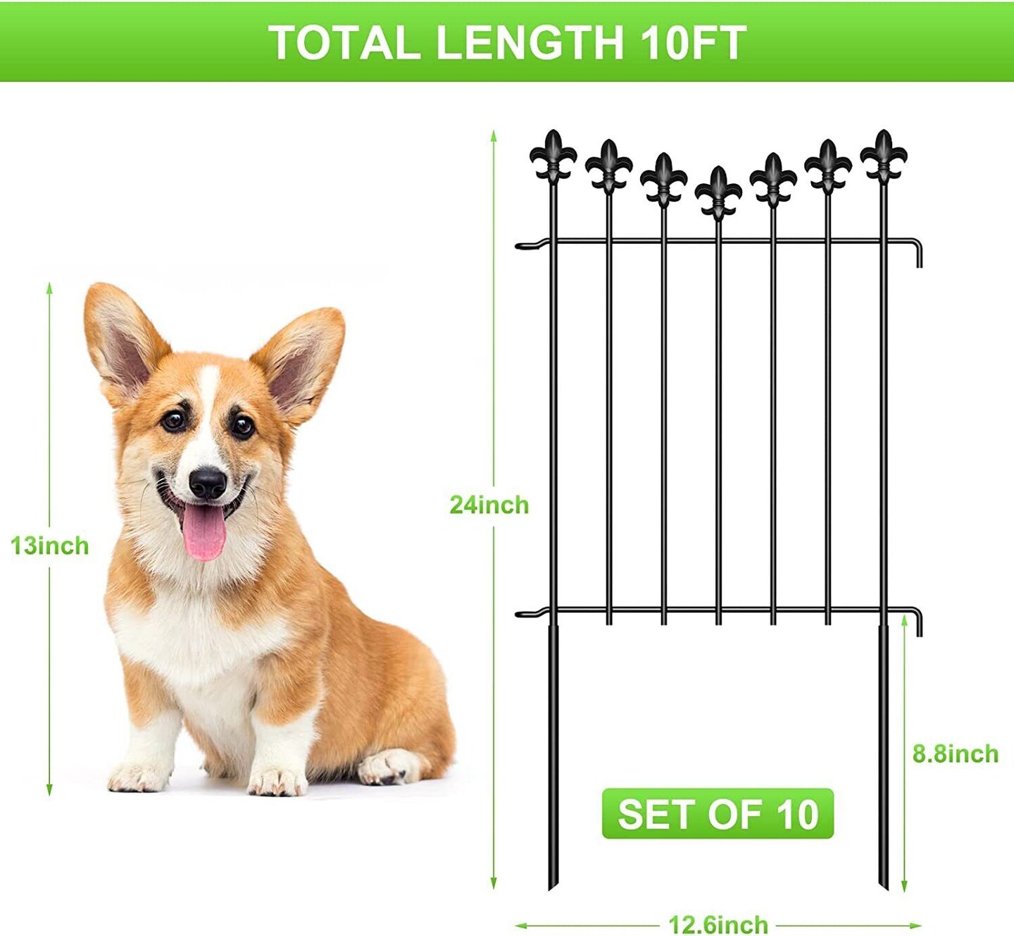 10 Pack Decorative Garden Fence Panels - 24in Height, 10ft Length Rustproof Animal Barrier for Dogs, Vinyl-Coated Metal Outdoor Border (Interlocking Design, Easy Install)
