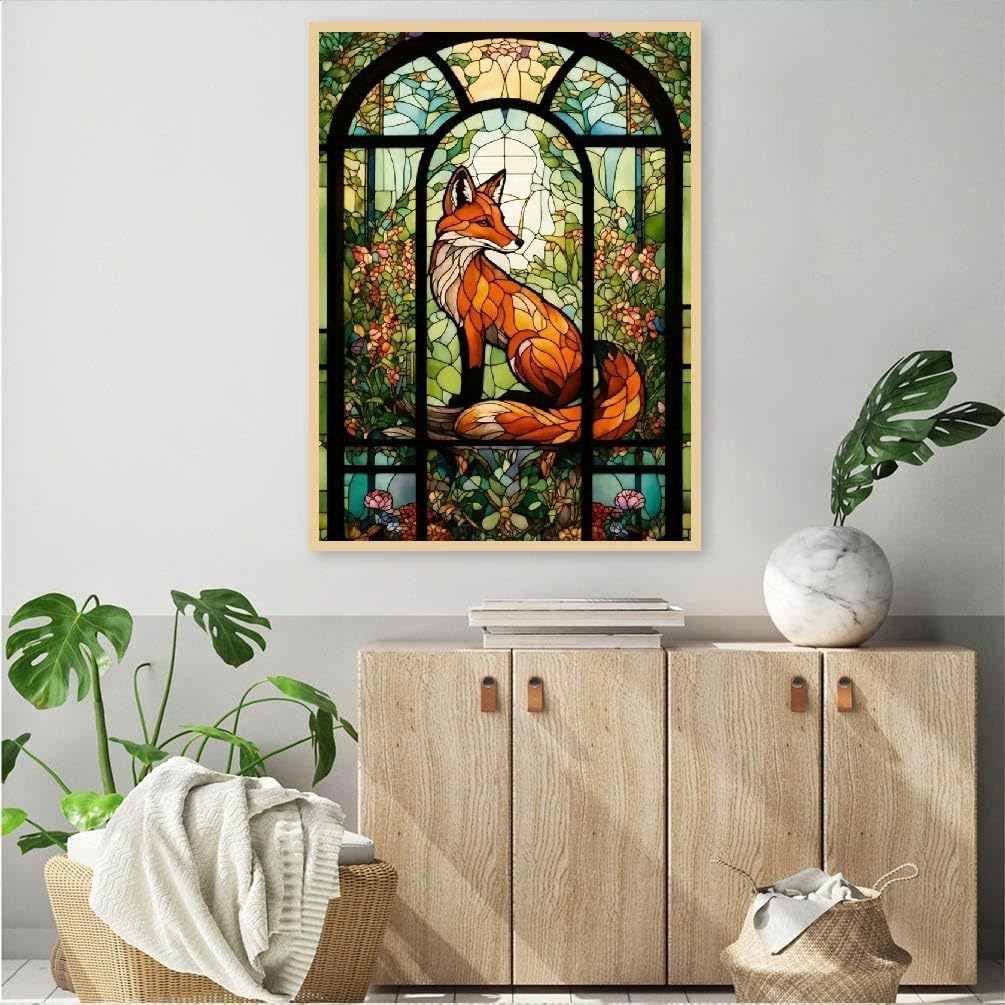 Fox Diamond Painting Kits-Stain Glass Fox Diamond Painting Kits for Adults,5D DIY Full Drill Fox Diamond Art for Home Wall Decor 12x16inch