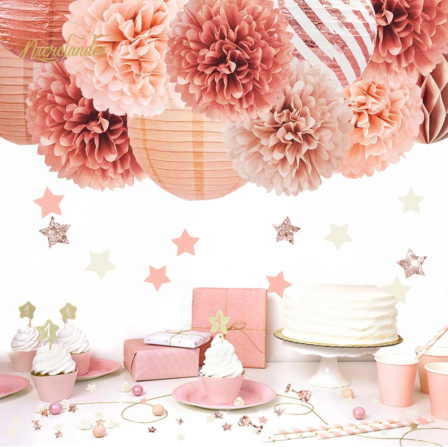 Rose Gold Party Decorations -12PCS Elegant Party Supplies Tissue Pom Poms Paper Lantern Glitter Confetti 30G for Valentines Wedding Bridal Shower Birthday Bachelorette Party Decorations