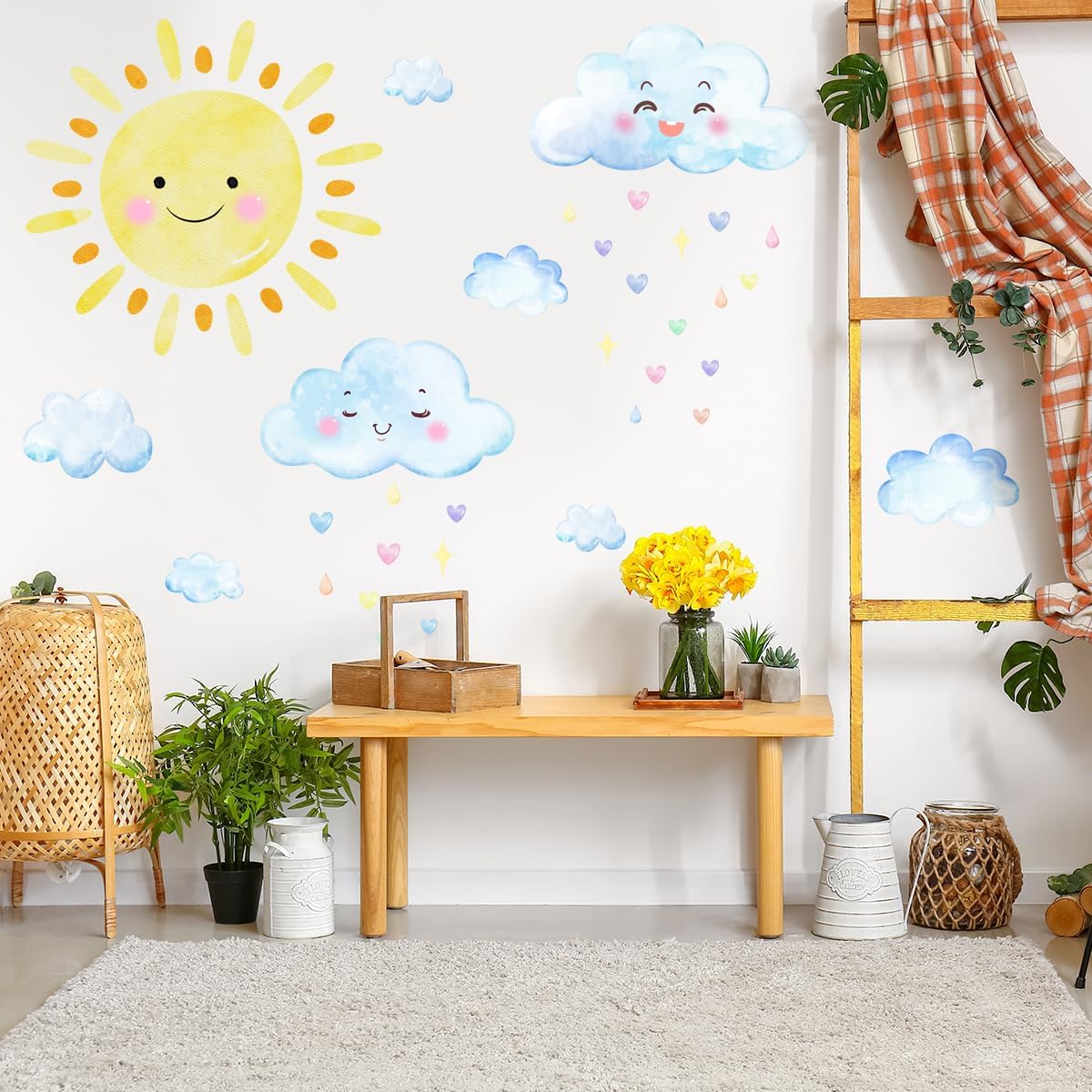 Summer Sun Wall Decals, Watercolor White Clouds Wall Sticker, Boy Girl Room Decoration Sun Stickers, Peel and Stick Removable Sun and White Clouds Wall Decor,for Boys and Girls Room, Children&#x27;s Bedroom.