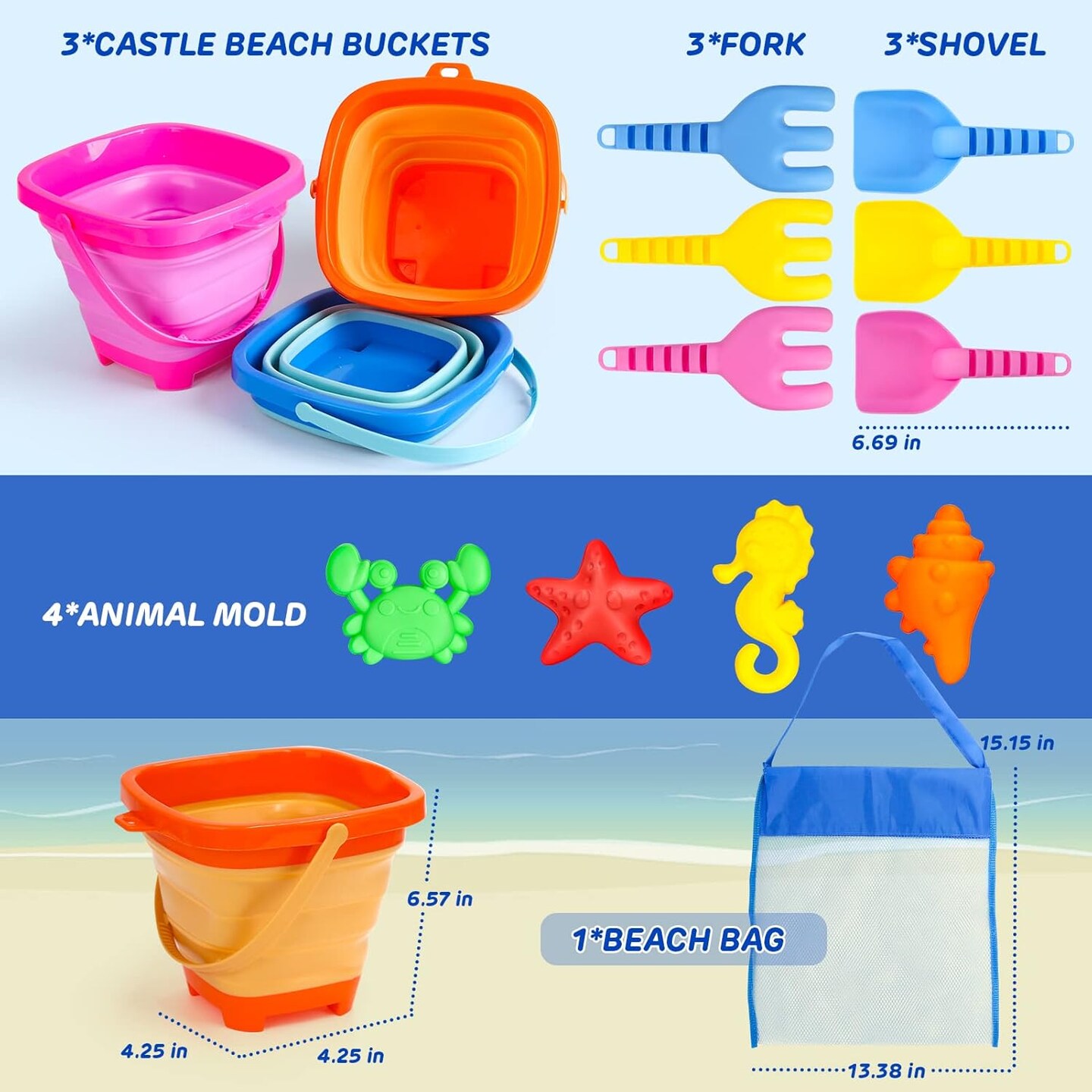 Summer Beach Toys for Kids 3-10, Collapsible Sand Castle Toys for Beach Include 3 Pack Foldable Buckets, Shovels Molds and Storage Mesh Bag, Sandbox Travel Toys for Toddlers Kids