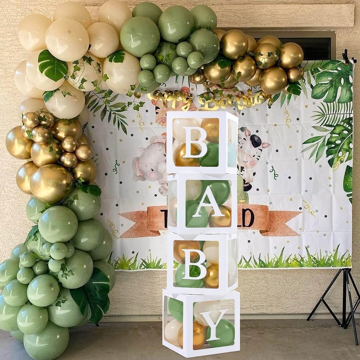 Baby Shower Decorations Boy Girl - 4Pcs Transparent Baby Balloon Boxes and 112Pcs Green White Gold Balloons Arch Kit for Sage Green Baby Shower Decorations