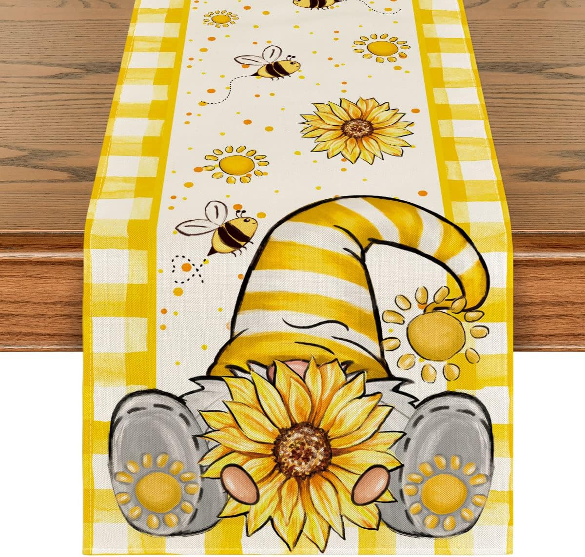 Yellow Buffalo Plaid Sunflower Gnome Table Runner 13x72, Spring Summer Dining & Party Decor