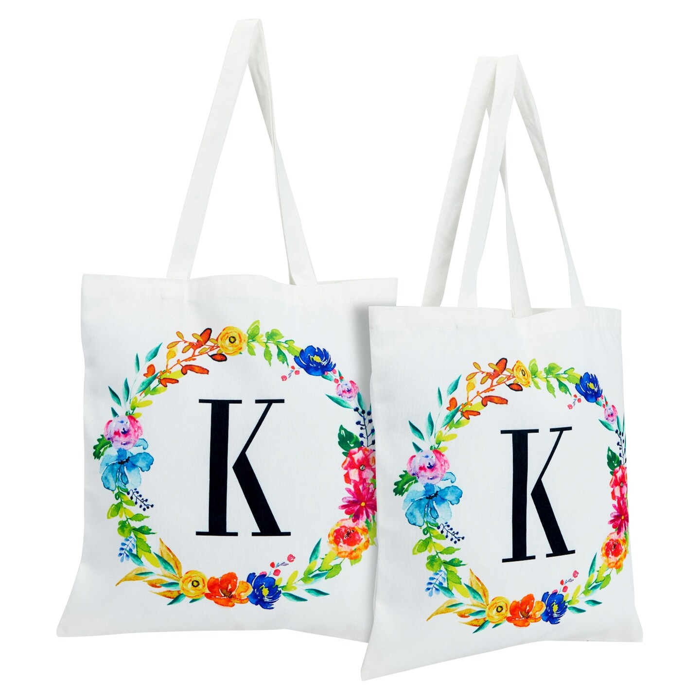 Set of 2 Reusable Monogram Letter K Personalized Canvas Tote Bags for Women, Floral Design (29 Inches)