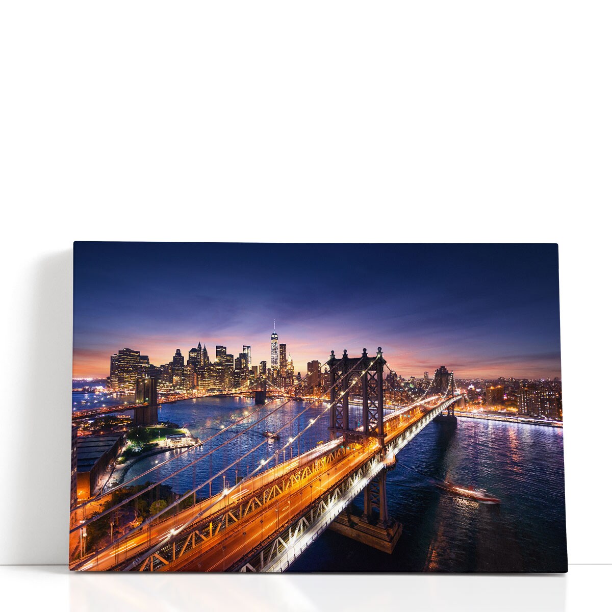 Manhattan Sunset Skyline Canvas Print – Framed Orange and Blue NYC Cityscape Photography Wall Art for Living Room Decor