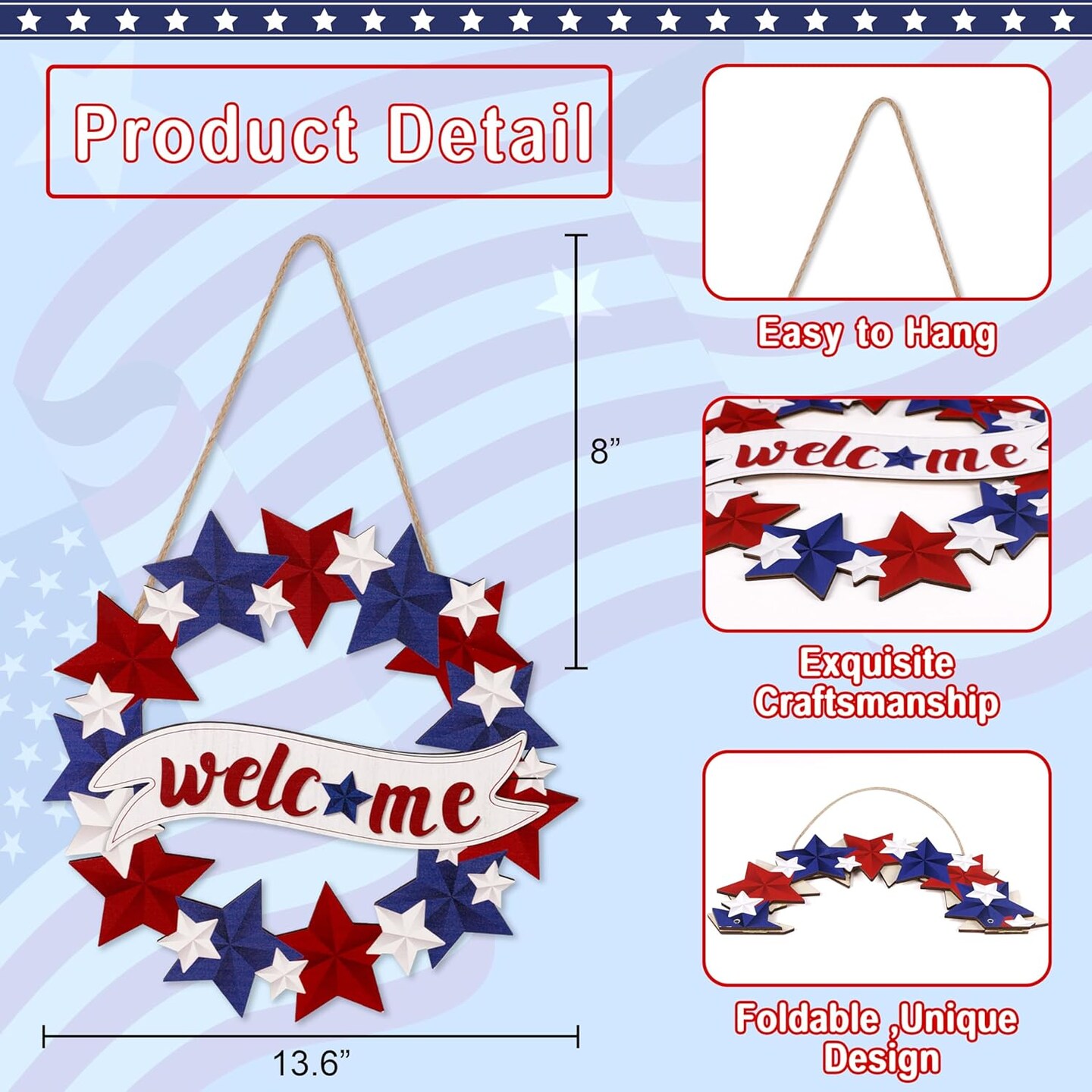 4th/Fourth of July Decorations Welcome Wreath for Front Door - Wooden Red White and Blue Star Sign, Patriotic Memorial Day Porch Home Wall Outside Decor