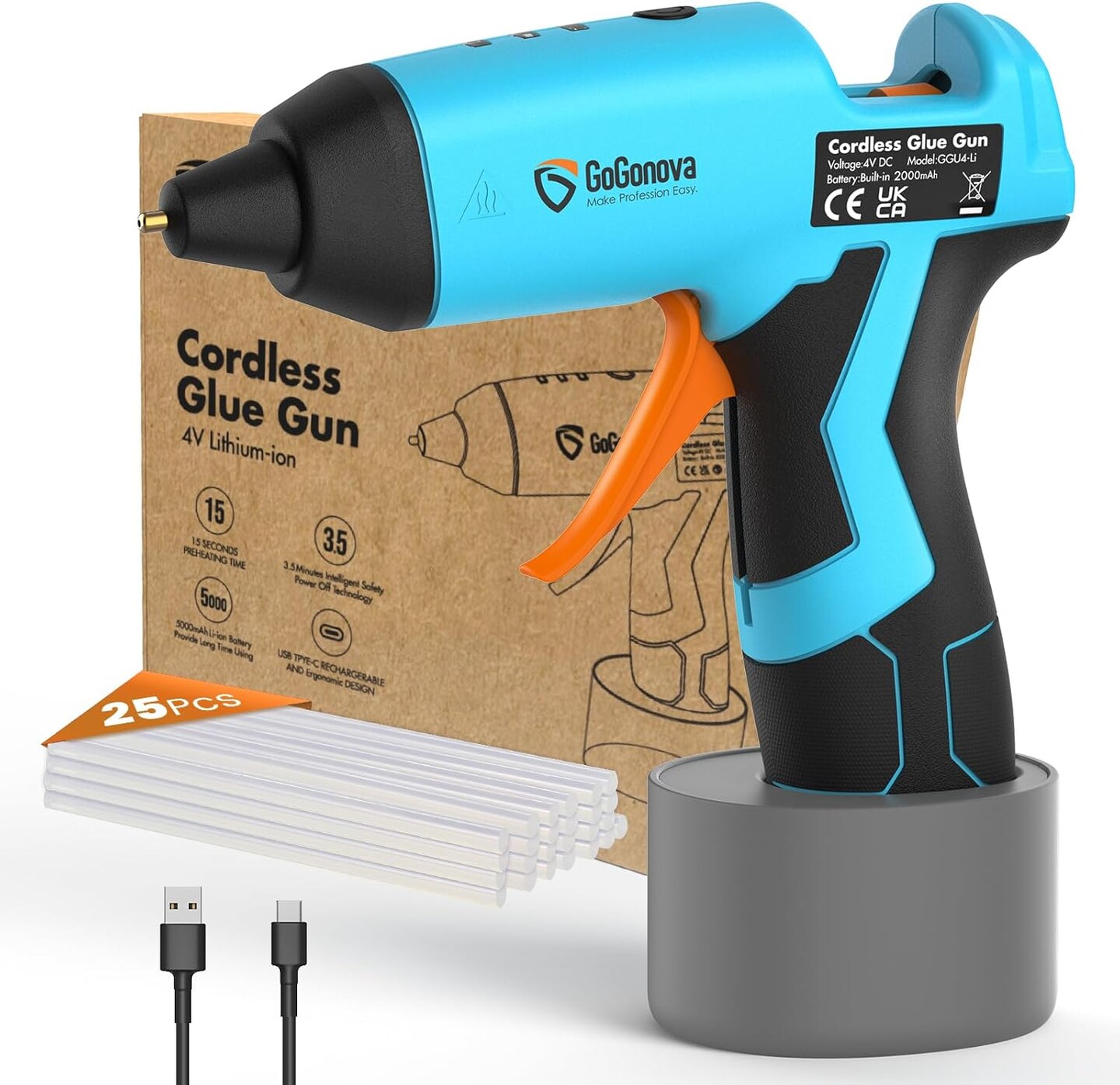 Cordless Hot Glue Gun, 15s Fast Preheating with 2Ah Built-in Battery Hot Melt Glue Gun, Smart Power-Off, Kit with 25 Pcs Premium Mini Glue Sticks and USB-C Charging Port