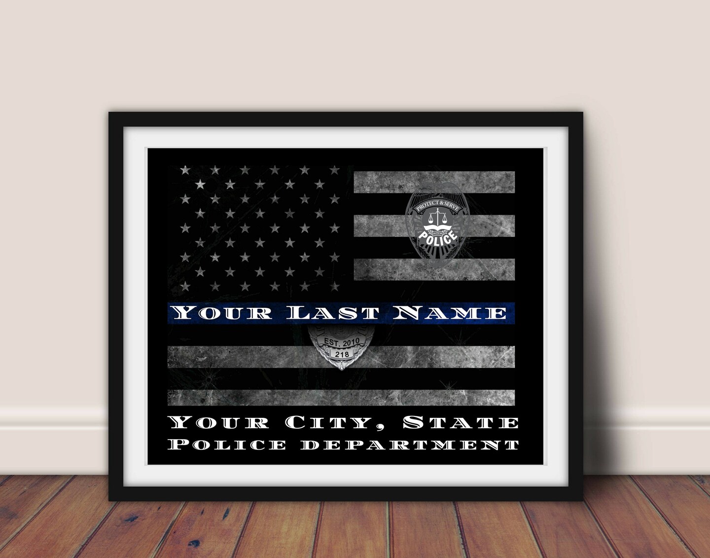 Custom Thin Blue Line Flag Frame Police Officer Art