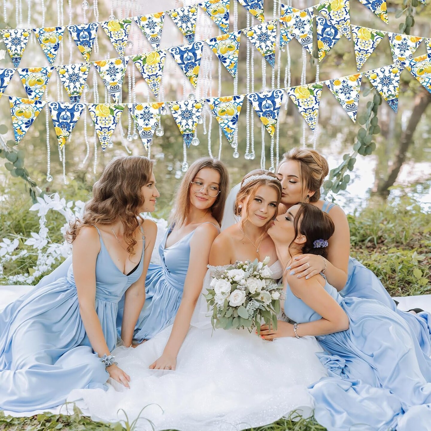 5 Pcs Blue Tiles Lemon Decor Lemon Bunting Banners Blue Tiles Paper Pennant Garlands Lemonade Hanging Triangle Flags for Wedding Birthday Bridal Shower Bachelorette Party Decorations