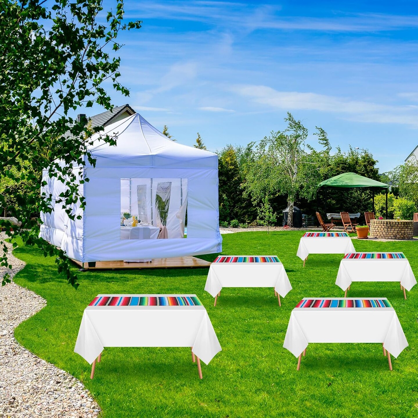 12-Pack Mexican Table Runner & Tablecloth Set 108x54in – Serape Runner & Disposable Tablecloth (White)