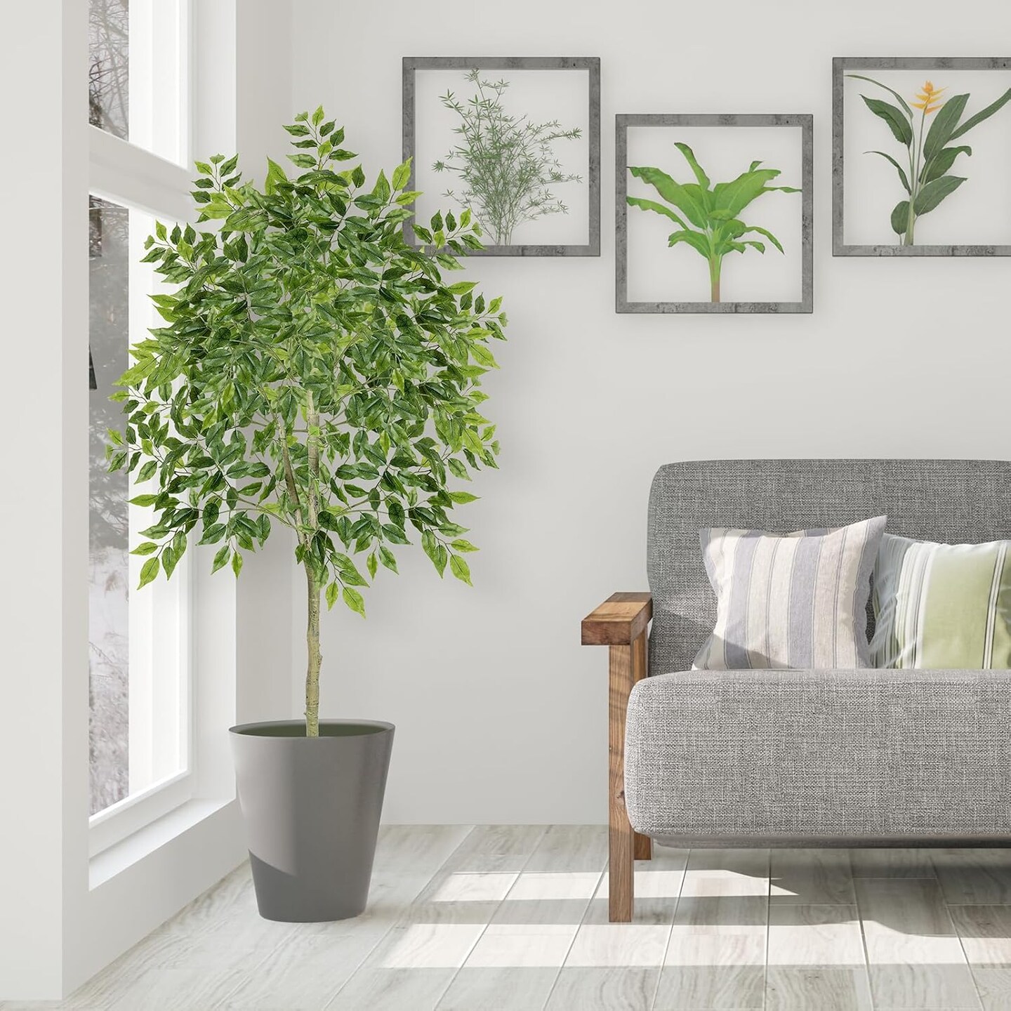 6FT Artificial Ficus Tree, 72&#x22; Tall Realistic Fake Plant with Natural Wood Trunk &#x26; Cement Pot, Indoor/Outdoor Faux Tree for Living Room, Garden, Patio Decor - Maintenance-Free