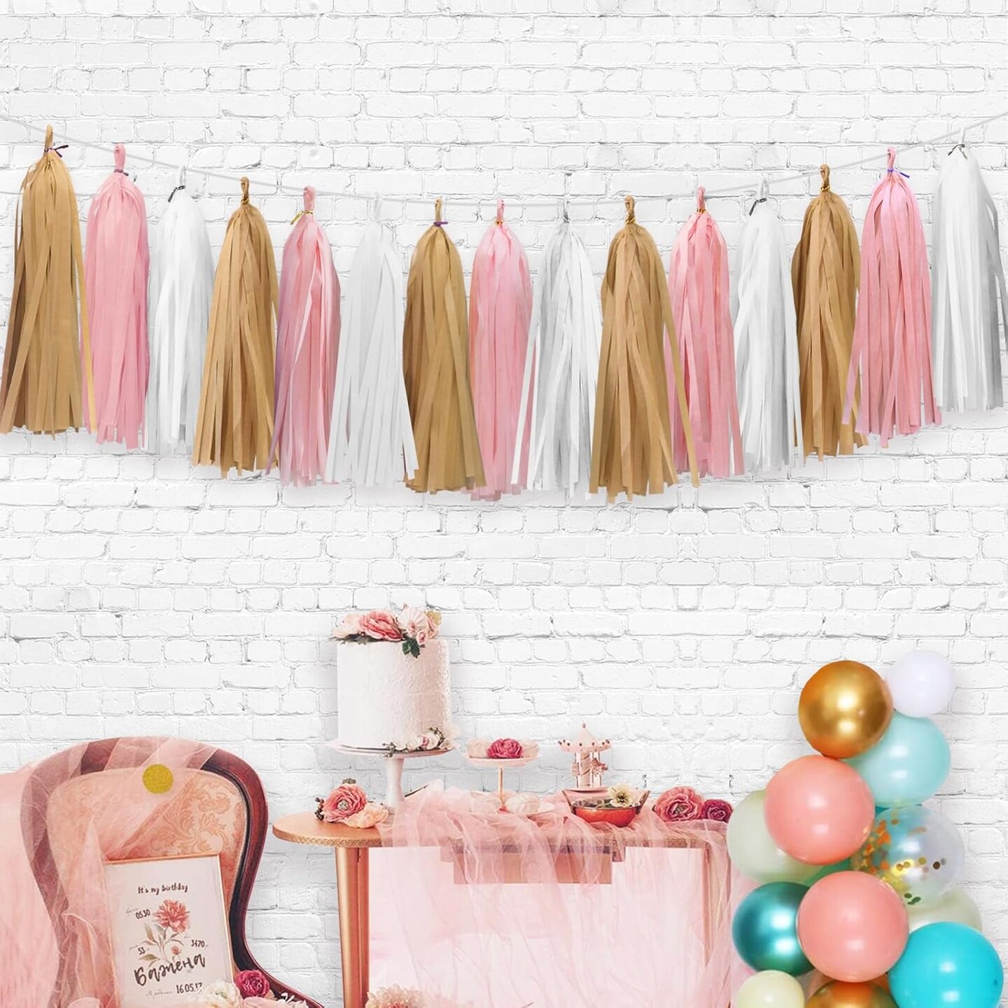 Gold White Pink Tassel Garland for Baby Shower Decorations Bridal Shower Birthday Party Decorations 15PCS