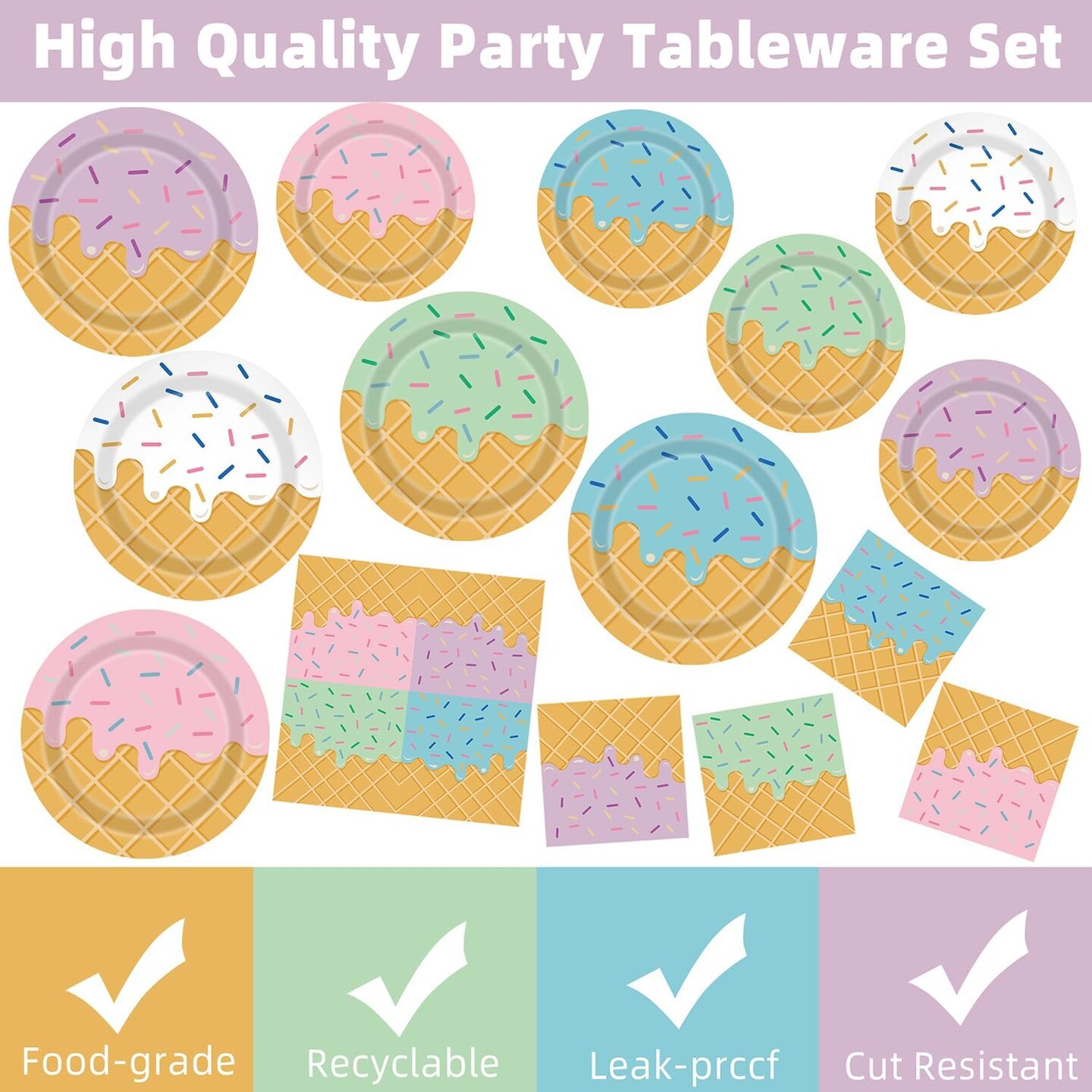 Ice Cream Party Decorations 100Pcs Ice Cream Plates and Napkins for Kids Girls Baby Shower Ice Cream Birthday Party Supplies