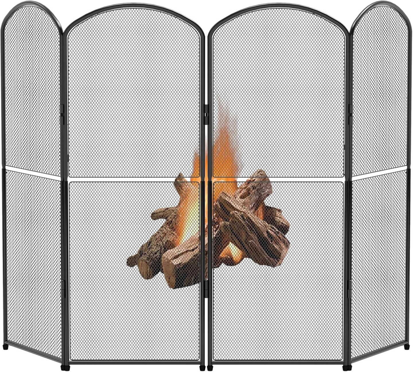 4-Panel Foldable Fireplace Screen Stand - Black Metal Mesh Spark Guard Cover with Decorative Arch Design, 47.8"W x 31"H for Indoor Fireplace Protection