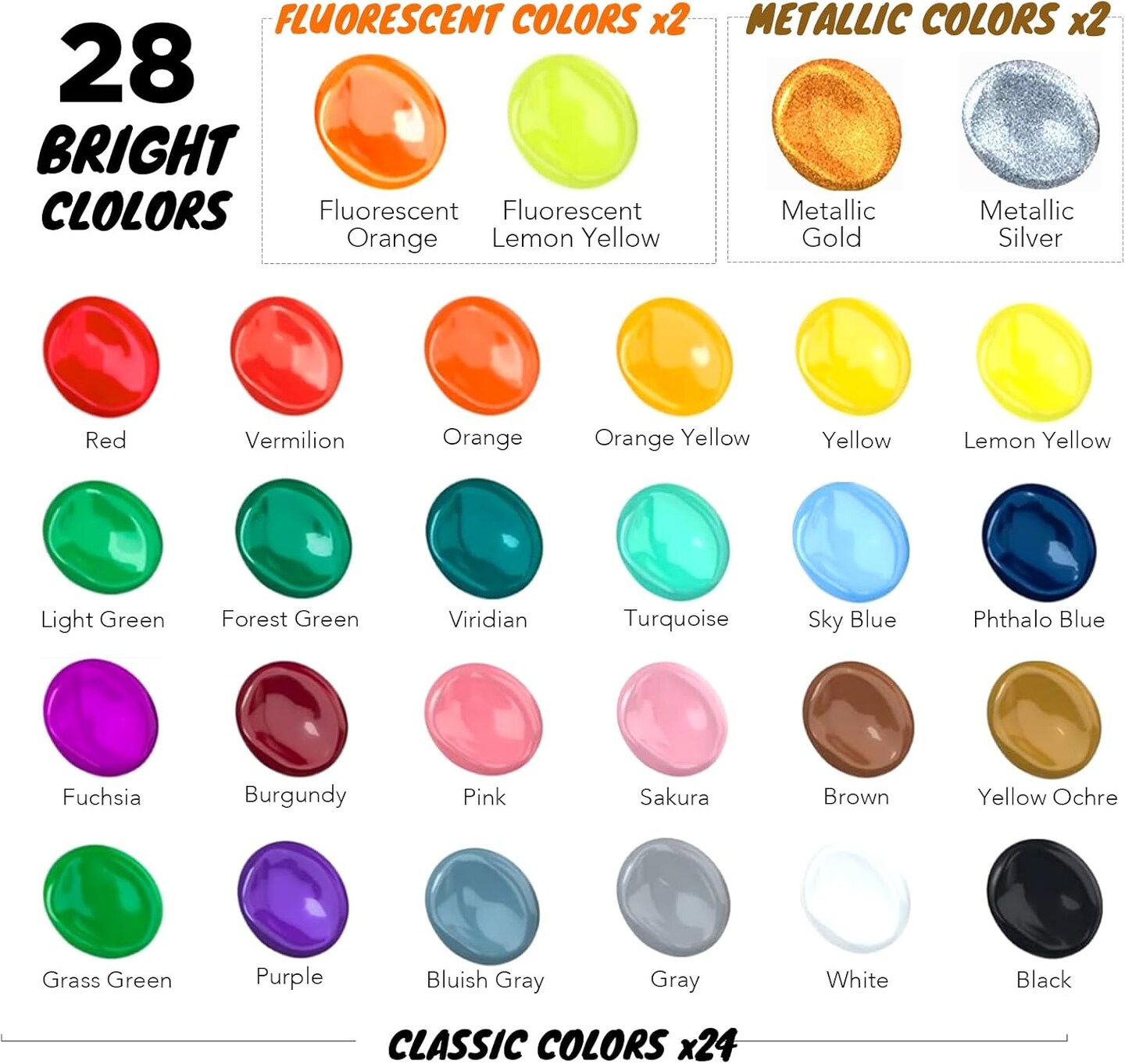 28-Color Acrylic Paint Set – 10 Brushes, Art Supplies for Canvas, Fabric, Ceramic, Wood, and Rock Painting.