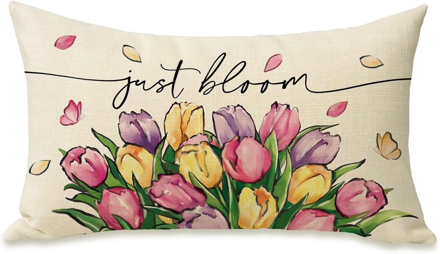 Spring Summer Tulip Flower Lumbar Decorative Rectangle Pillow Cover 12 x 20, Just Bloom Floral Porch Patio Outdoor Pillowcase, Petal Butterfly Seasonal Sofa Couch Cushion Case Home Decor