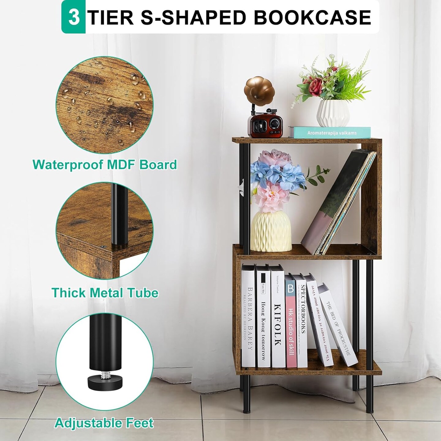 3-Tier S-Shaped Narrow Bookshelf &#x2013; Compact Bookcase with Anti-Tip Kit, Farmhouse &#x26; Modern Home Office Storage (15.7&#x201D;x11.8&#x201D;x31.8&#x201D;)