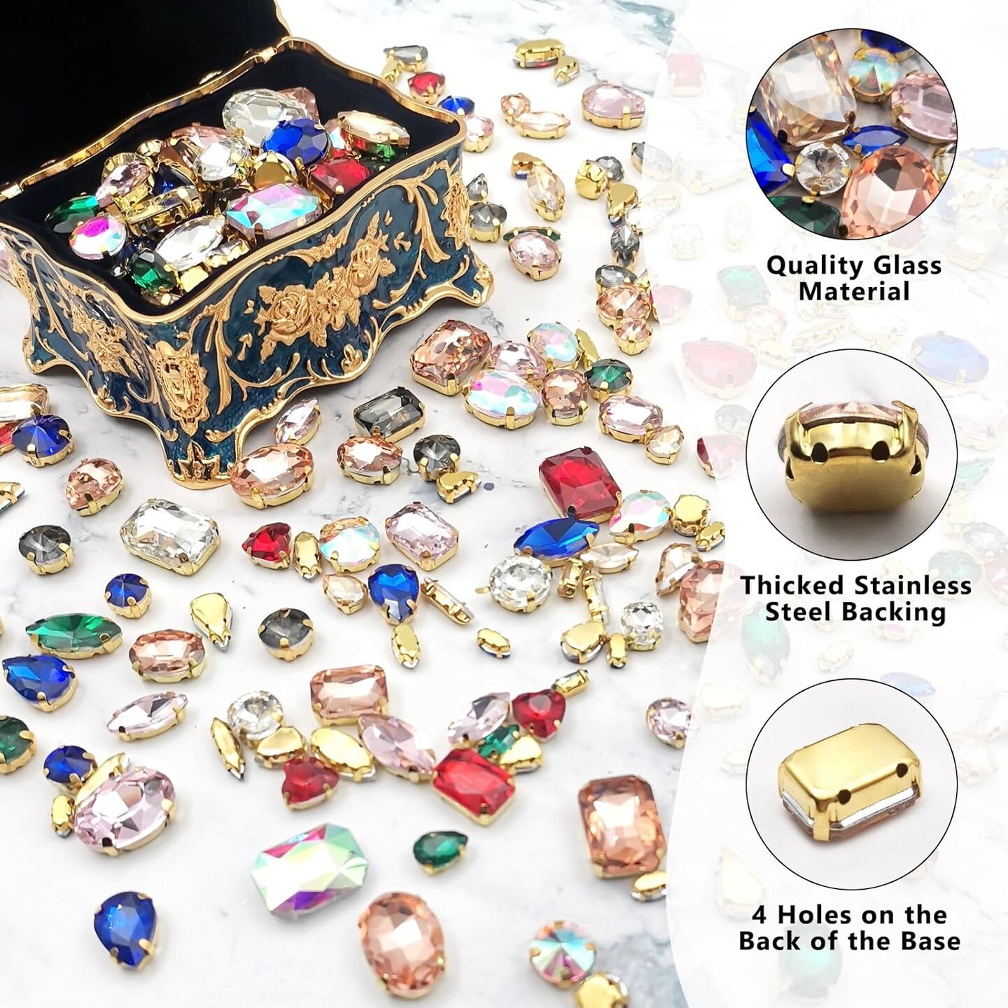 Rhinestones for Crafting, 50pcs Sew on Rhinestones Flatback Crystal Rhinestones Mixed Shapes with Metal Claw for Craft Clothes Jewelry Shoes Bags DIY Decoration (White)