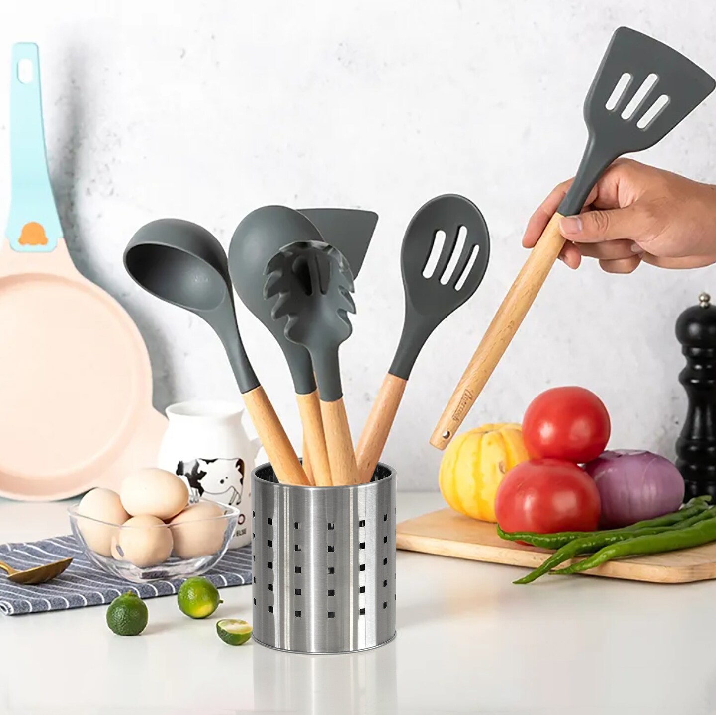 Basicwise Round Metal Utensil Holder Countertop Organizer with Drain Holes for Cooking Spoons, Spatulas, Cutlery, and Silverware Stylish Storage Solution for Kitchen Counter, Silver