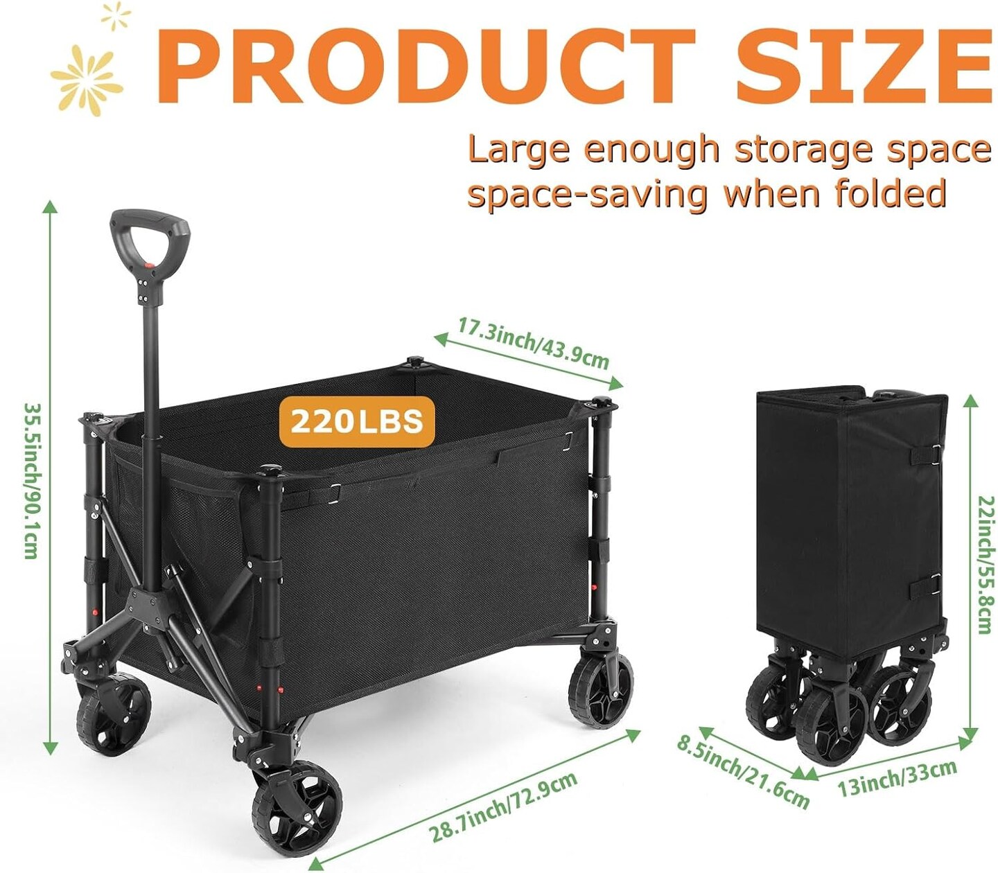 Foldable Wagon Cart with 360° All-Terrain Wheels, 220 lb Capacity, Adjustable Handle - Collapsible Utility Cart for Camping, Beach, Gardening & Shopping