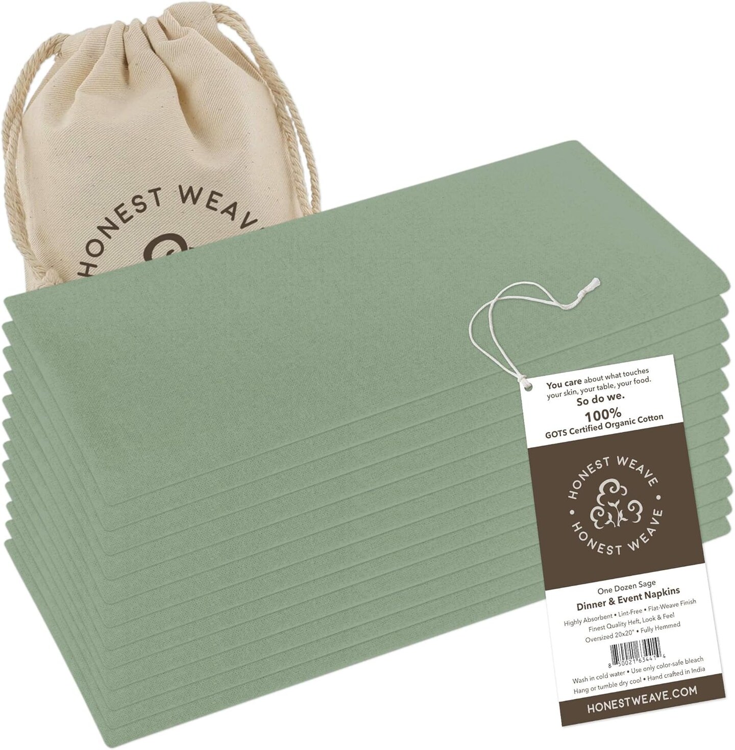 Organic Cotton Washable Cloth Napkins Sets for Everyday Dining, Dinner Parties, Weddings | Oversized 20x20 inches, Fully Hemmed, in Designer Colors, 12-Pack, Sage