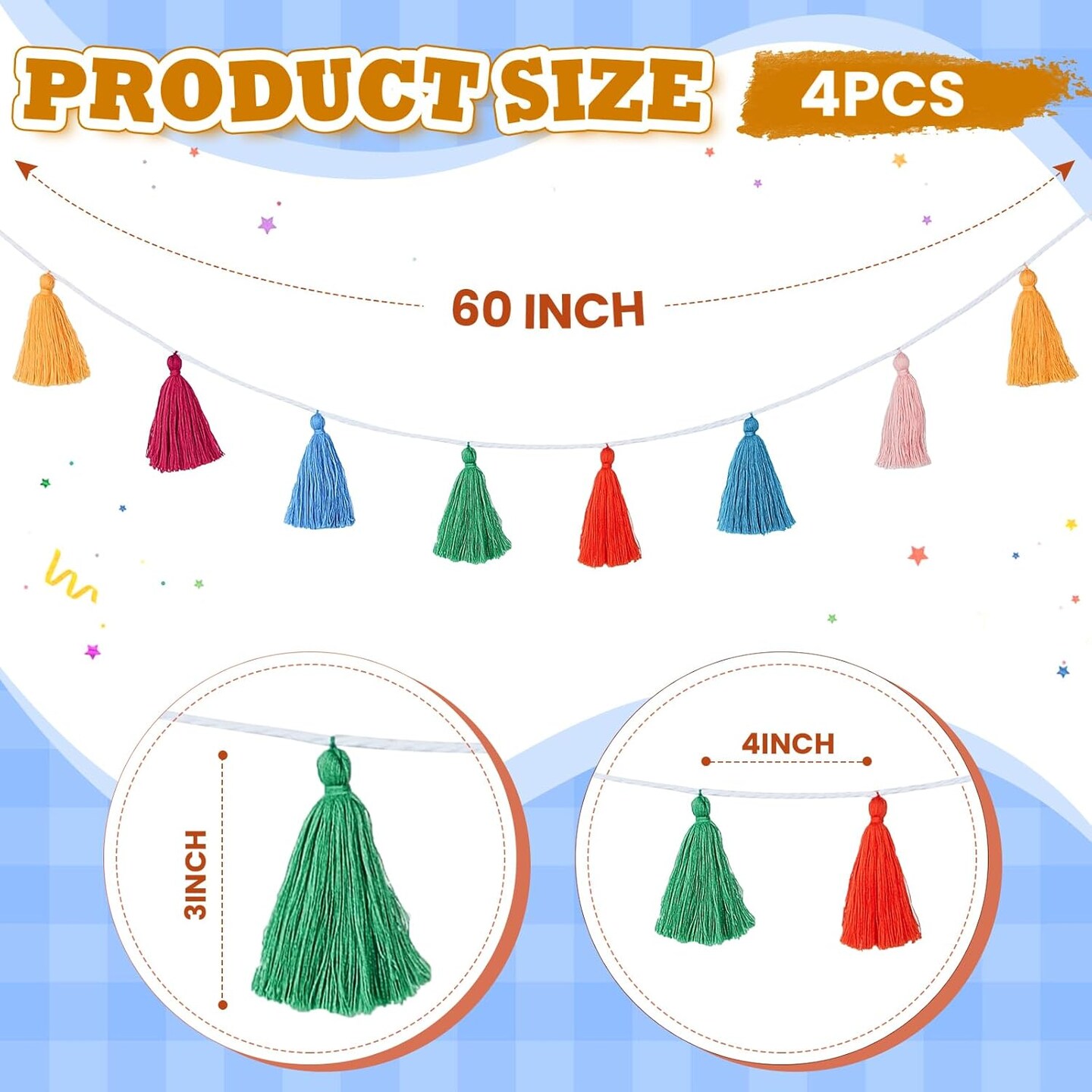 4 Pcs Rainbow Tassel Garland Boho Colorful Garland Banner Decor Wall Hanging for Home Classroom Decoration Wedding Birthday Baby Shower Party Supplies, Pre Assembled(Tassel in 3.1 Inches)