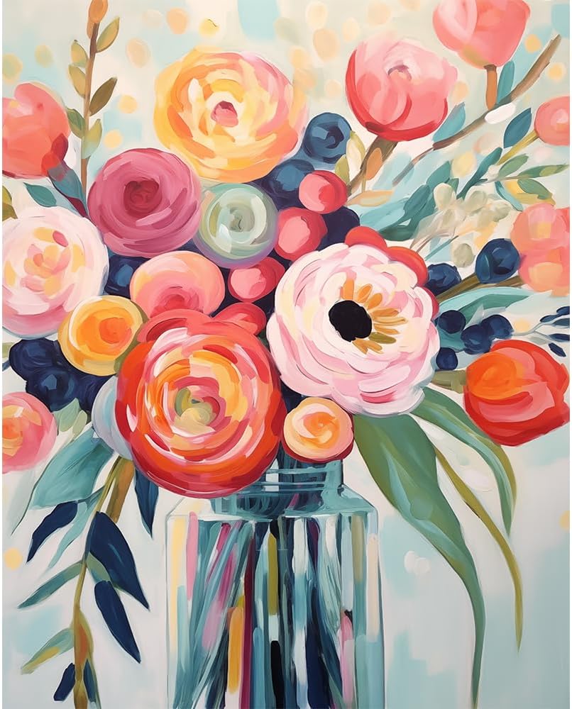 Flowers Paint by Numbers Kit for Adults - Flowers in a Vase Paint by Number on Canvas Without Frame, DIY Acrylic Painting for Ideal Gift Home Wall Decor (16x20 Inch)