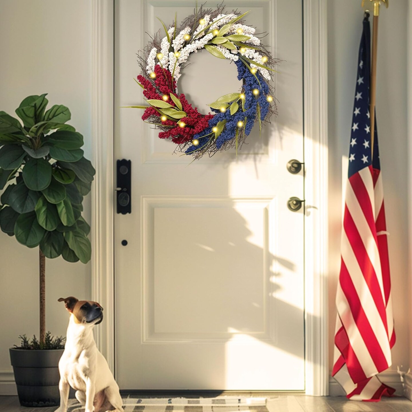 Patriotic Memorial Day Wreath for Front Door Wall Decor 20 Inch 4th of July Wreaths with Lights, Collasible Red White Blue