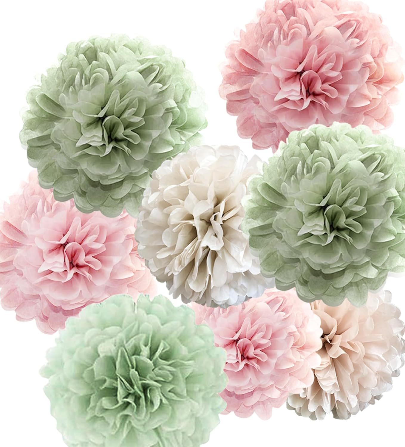 Tissue Paper Pom Poms Kit Decor -Rose Pink and Sage Green Paper Flowers 12pieces for Gender Baby Shower Wedding Bridal Bachelorette Birthday Party Decorations (Green + Pink)