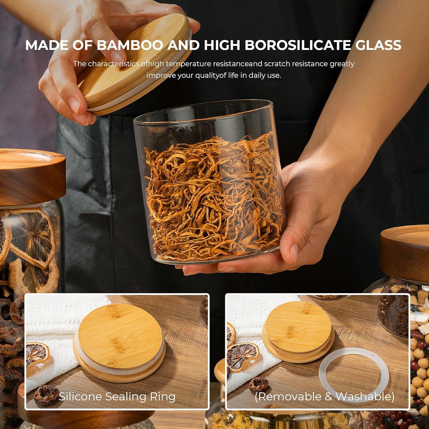 1PC Small Glass Storage Jars with Airtight Lids, 18 fl oz (550ml) Cute Clear Glass Storage container with bamboo Lid, Glass Pantry Canister for Beans, Rice, Sugar, Cookie Coffee and etc