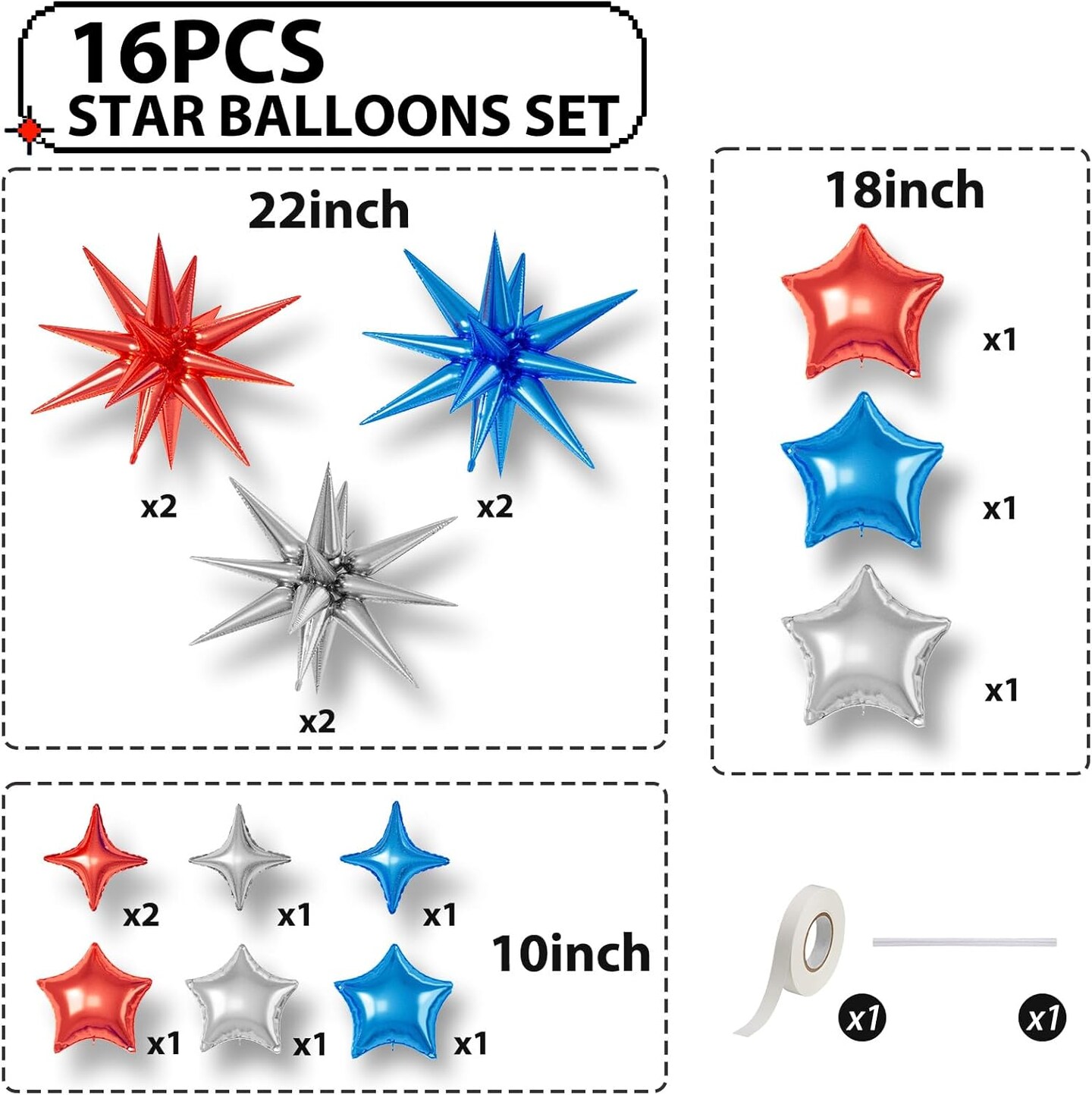 Red Blue Silver Star Balloons, 16 Pcs 22/18/10 Inch Star Foil Mylar Balloons, Explosion Cone Star-Shape Four-Pointed Balloon for Kids Boy Birthday Graduation Wedding Baby Shower Hero Party Decoration