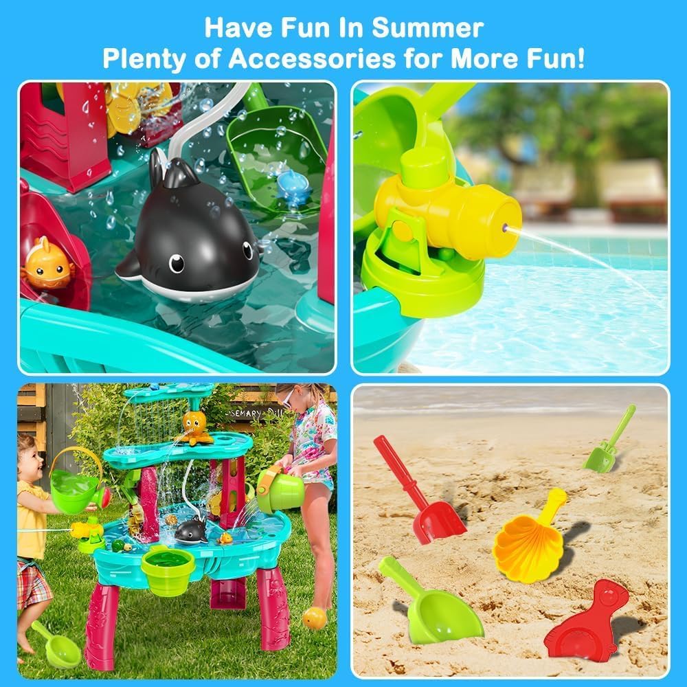 Summer Sand Water Table Toys for Toddlers Kids - with Water Pumb &#x26; Umbrella 3-Tier Kids Splash Table, Water Play Toys for Outside Outdoor Backyard, Toddler Sand Sensory Table for Boys Girls