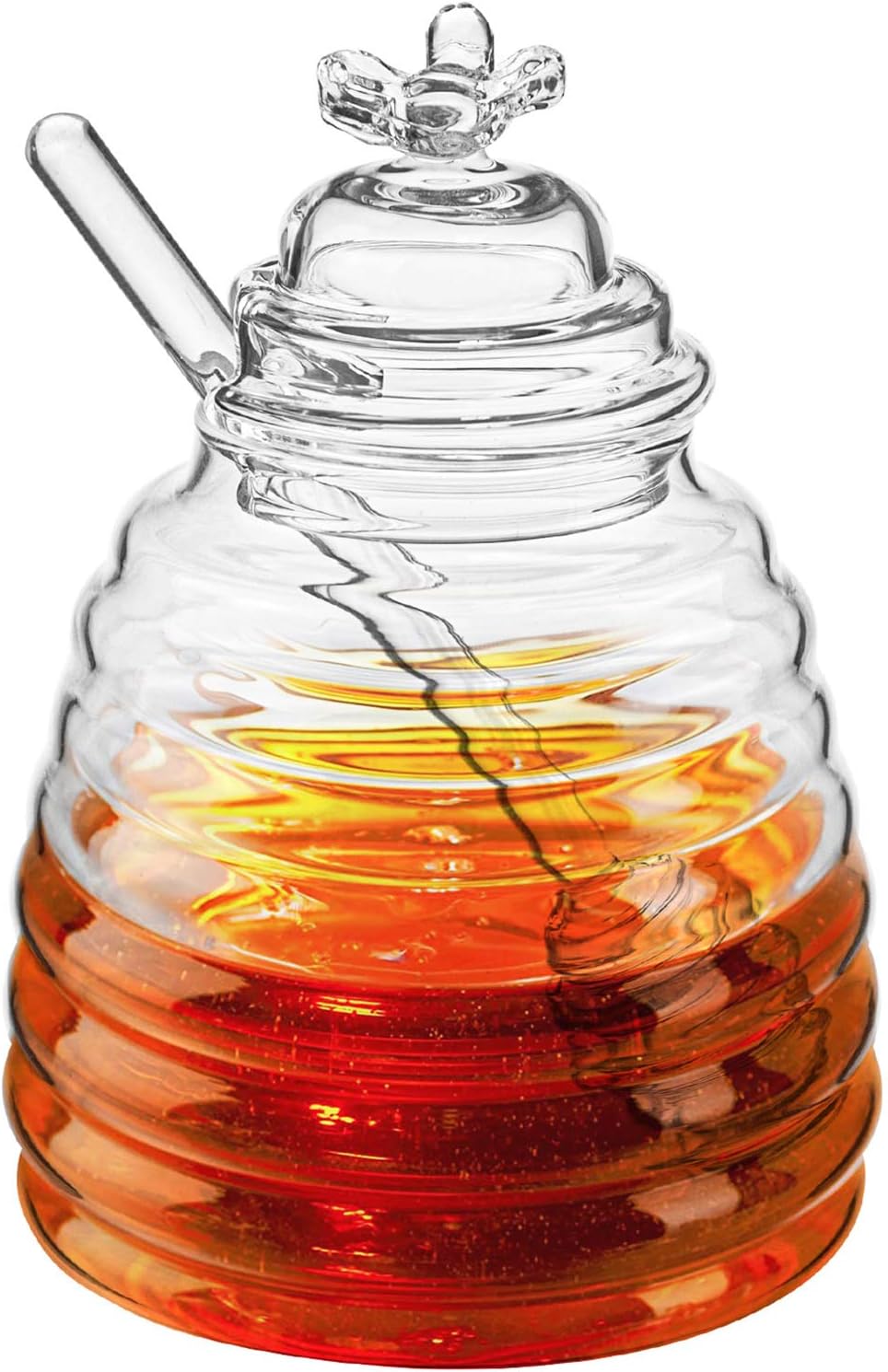 17oz Glass Honey Pot with Dipper & Lid – Beehive Design, Kitchen Friendly