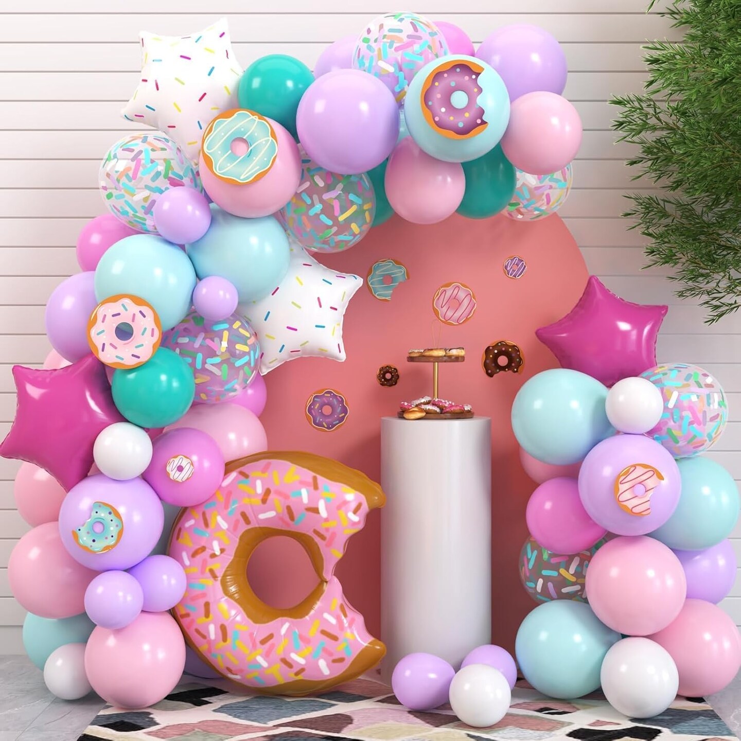 100 PCS Donut Balloons Garland Pastel Decoration Kits Sprinkles Confetti Doughnut Backdrop Cutouts Kids Birthday Party Balloons Arch Photo Props Favor Ideas Supplies