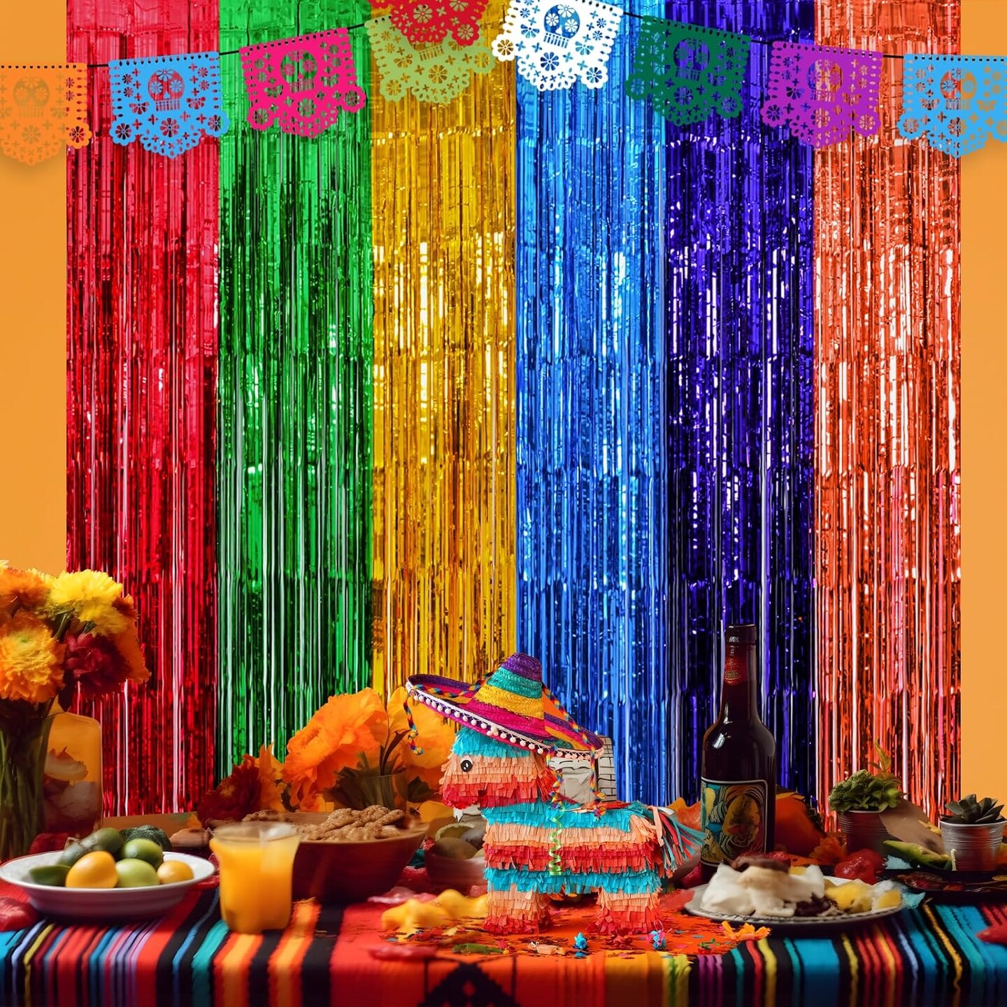 2-Pack Fiesta Foil Fringe Curtains 3.3x6.6ft Cinco de Mayo Party Decorations