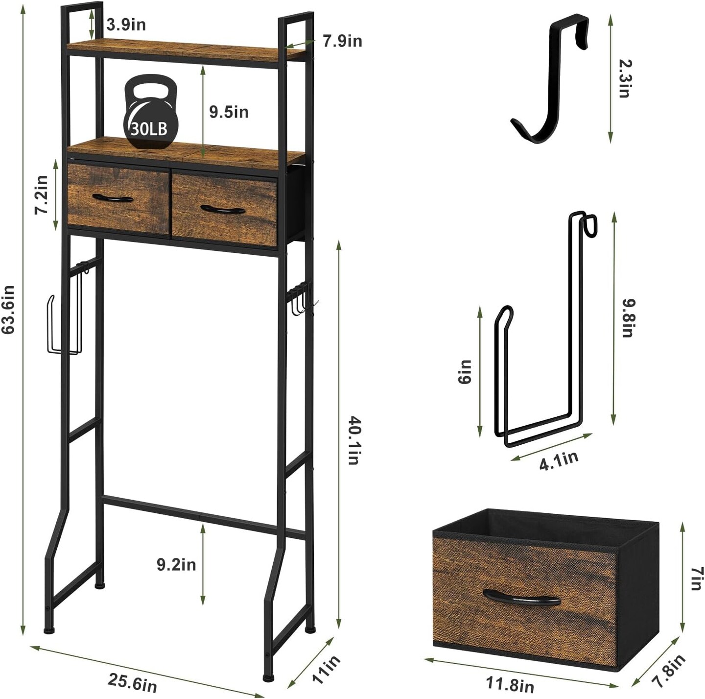 Rustic Brown Over-The-Toilet Storage Cabinet with Fabric Drawers &#x2013; Bathroom Organizer with Toilet Paper Holder, Hooks &#x26; Adjustable Shelves for Laundry, Bedroom, or Kitchen