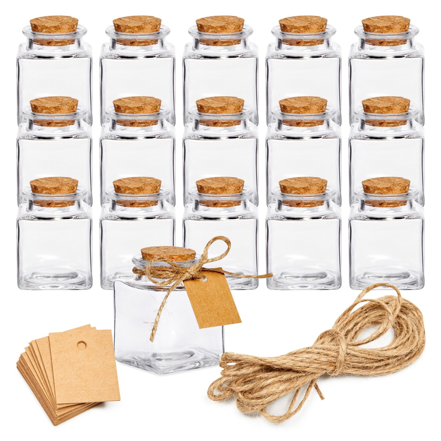 15 Pack Small Glass Bottles with Cork Stoppers - 1.7 oz (50ml) Mini Jars with Twine and Blank Tags for Gift Favors, Spices, Crafts
