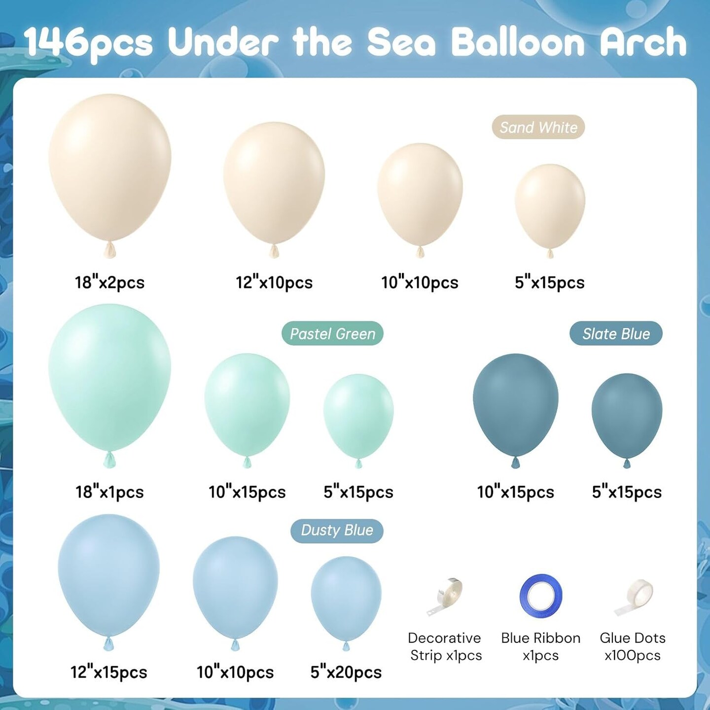 147pcs Under the Sea Balloons Garland Arch Kit with Dusty Slate Blue Pastel Green Sand White Latex Balloons for Ocean Themed Under the Sea Baby Shower Birthday Party Decorations