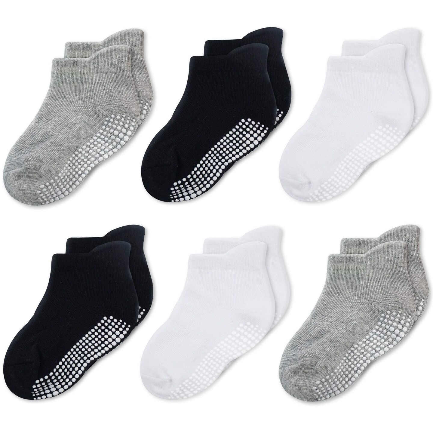 CozyWay Toddler Socks With Grippers Non Slip Ankle Grip Socks for Girls and Boys Soft Comfy Cotton - 3T-5T Unisex Black, Gray, White - 6 Pack
