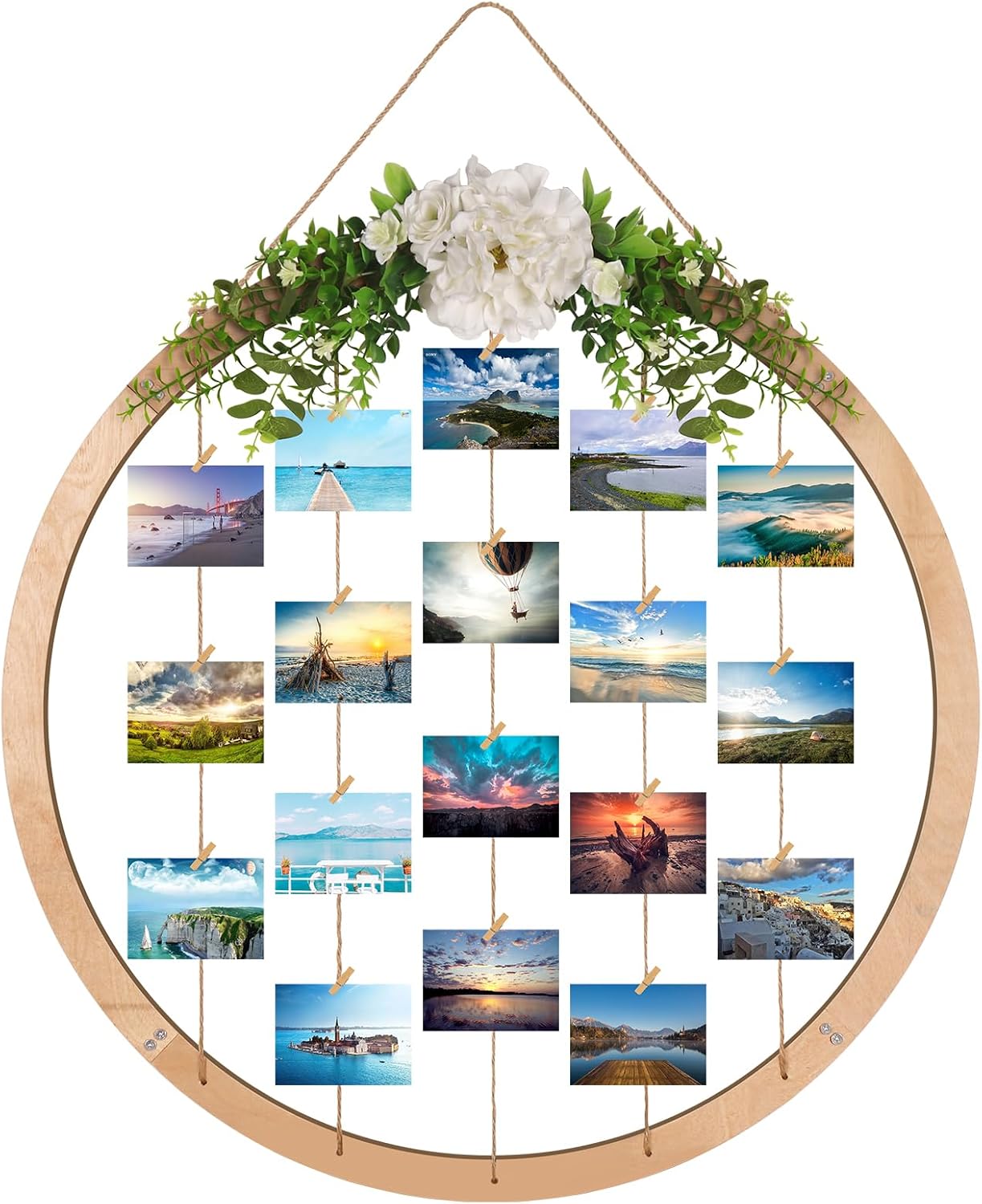 Large Round Wooden Multi Picture Frames - 60CM/23.62" Artificial Flower/Eucalyptus Hanging Display Board Photo Frames Collage Wall Decor, for Spring Mother's Day Grandma Christmas