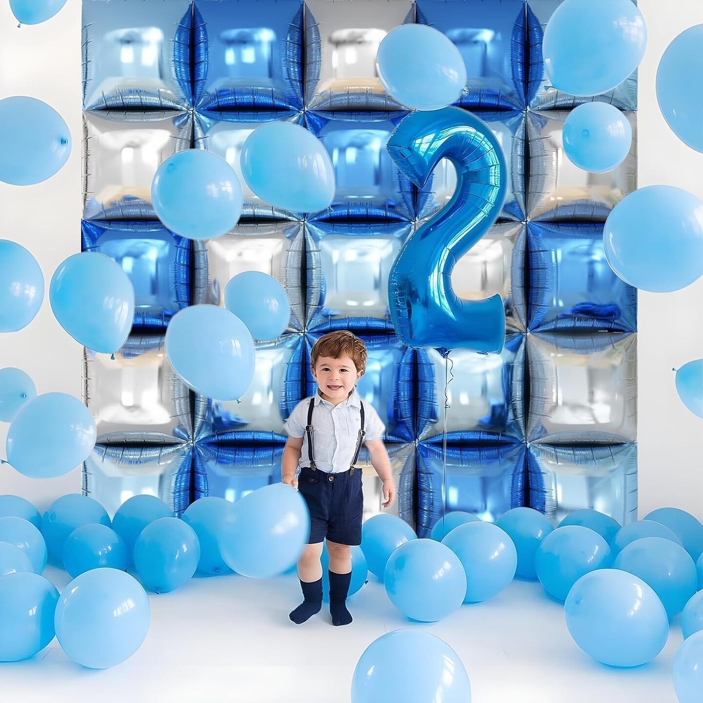 Blue Silver Square Foil Balloon Wall,25Pcs Double Sided Balloon Backdrop Helium Mylar Balloon Tunnel Arch Garland Kit for Birthday Bridal Anniversary Baby Shower Party Decorations