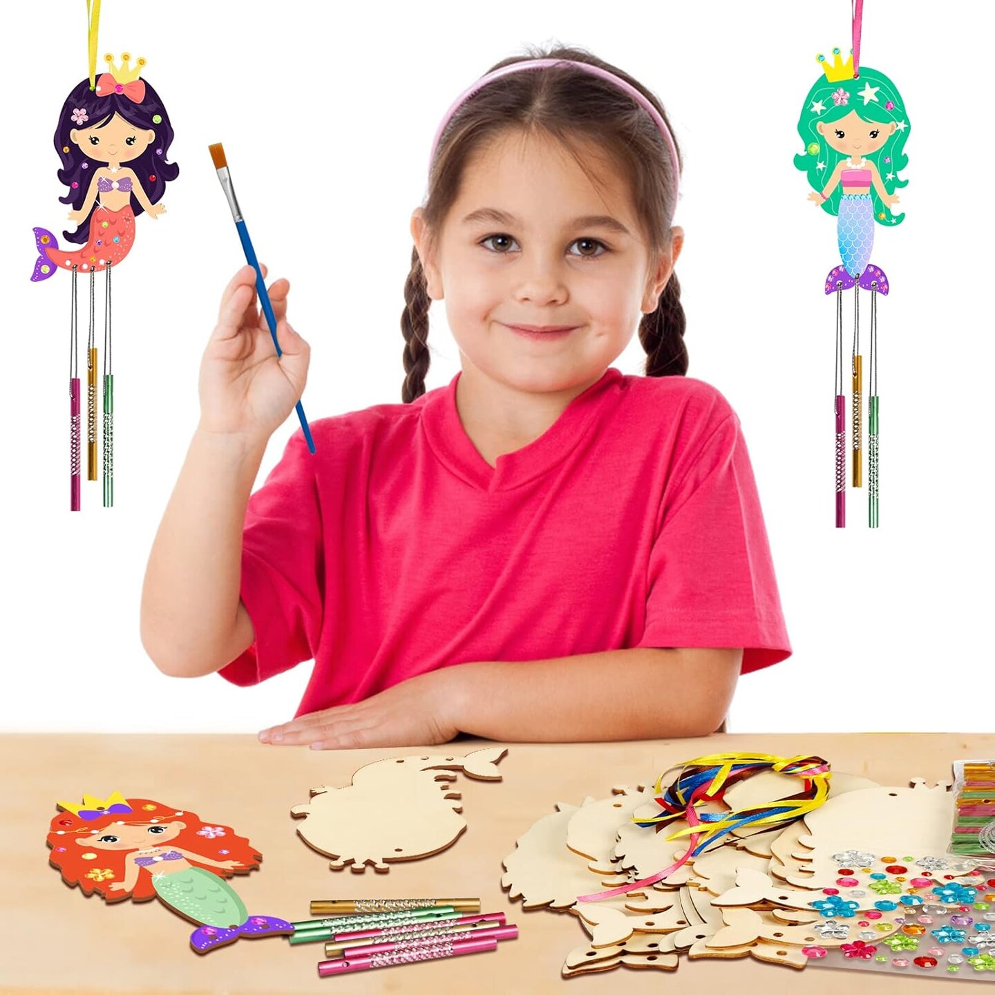 9 Pack Summer Mermaid Wind Chime Kit for Kids Make Your Own Wind Chime Wooden Arts and Crafts for Girls Boys Ornaments DIY Coloring Mermaid for Summer Art Activity Birthday Party Decoration
