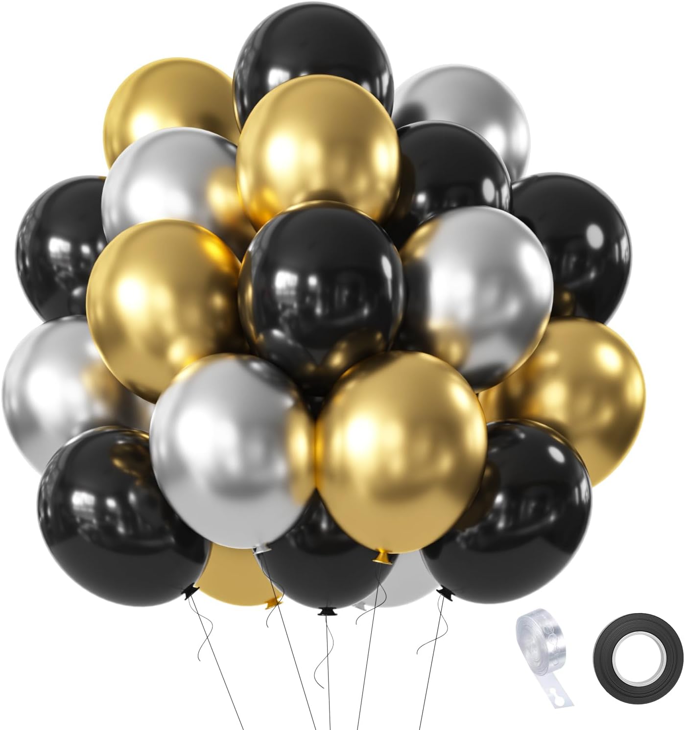 Black Gold Silver Balloons Set, 60 Pcs 12 Inch Metallic Chrome Gold Silver Balloons Black Silver Gold Balloons for Birthday, New Year, Wedding Party Decoration