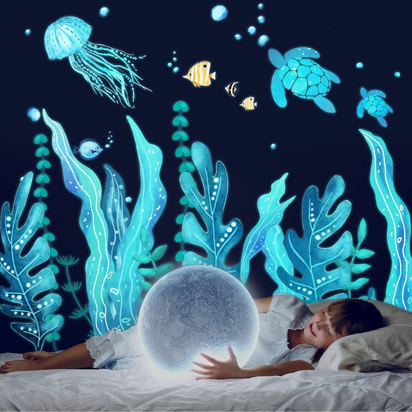 5 Sheets Turtle Wall Decals Stickers Under The Sea Stickers Ocean Grass Jellyfish Fish Removable Vinyl Decal for Bedroom Bathroom Nursery Room Wall Decor(Blue Glow Style)