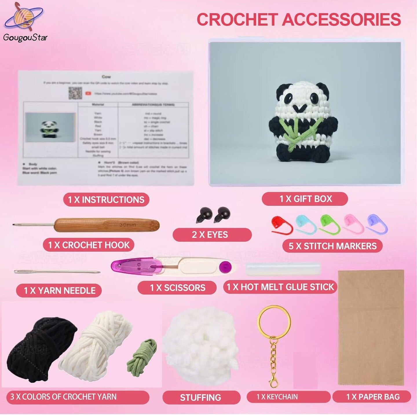 Crochet Kit for Beginners - Amigurumi Animal Panda Crochet Kits - Knitting Kit with Step-by-Step Video Tutorials and Crochet Accessories - Beginner Crochet Kit for Adults, Kids (Black)