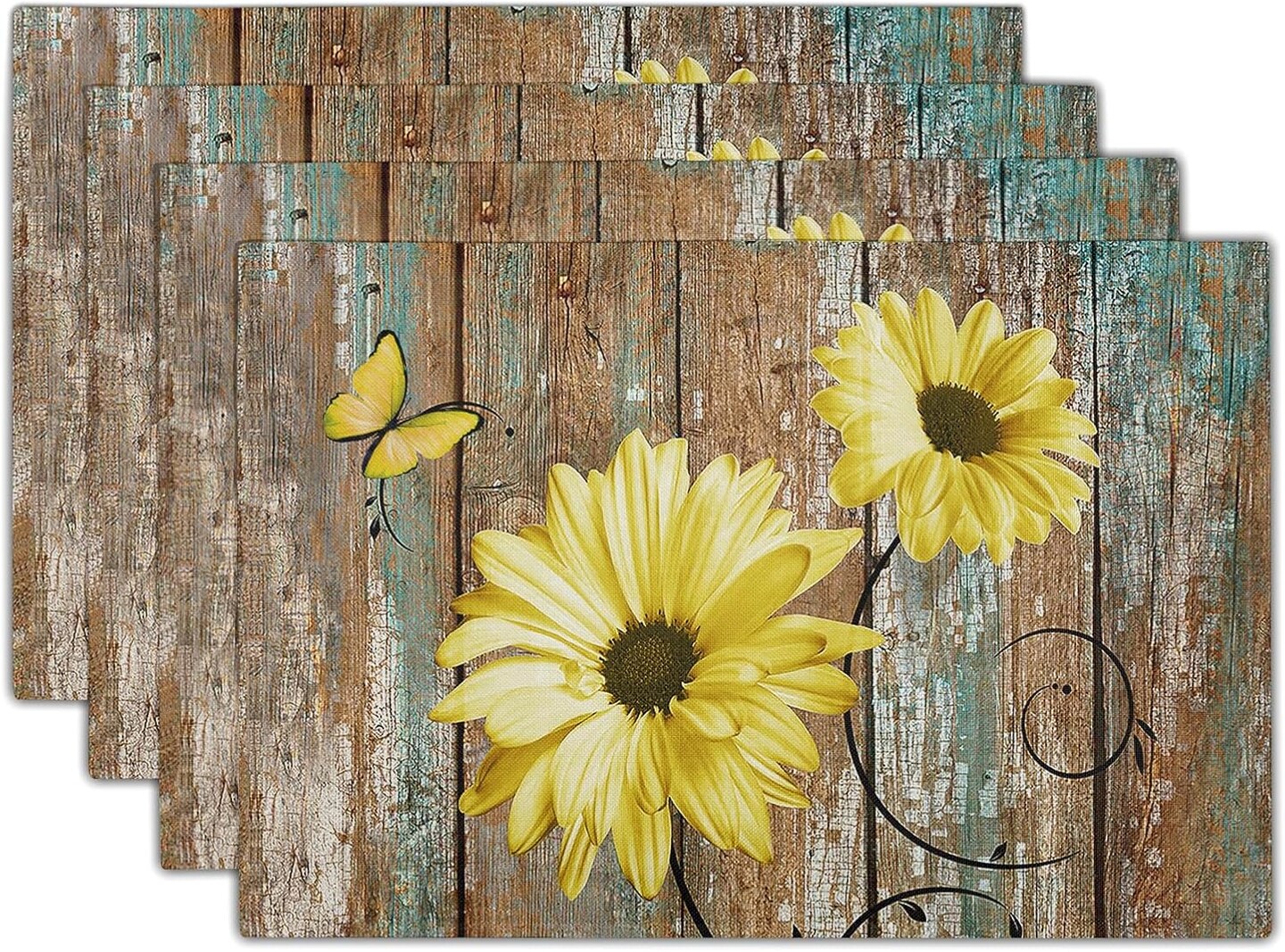 Summer Rustic Daisy Placemats Set of 4- Yellow Sunflowers Vintage Wood Board Linen Place Mat- Farmhouse Wooden Floral Non Slip Heat Resistant Table Mats for Kitchen Dining Cabin Lodge Decor