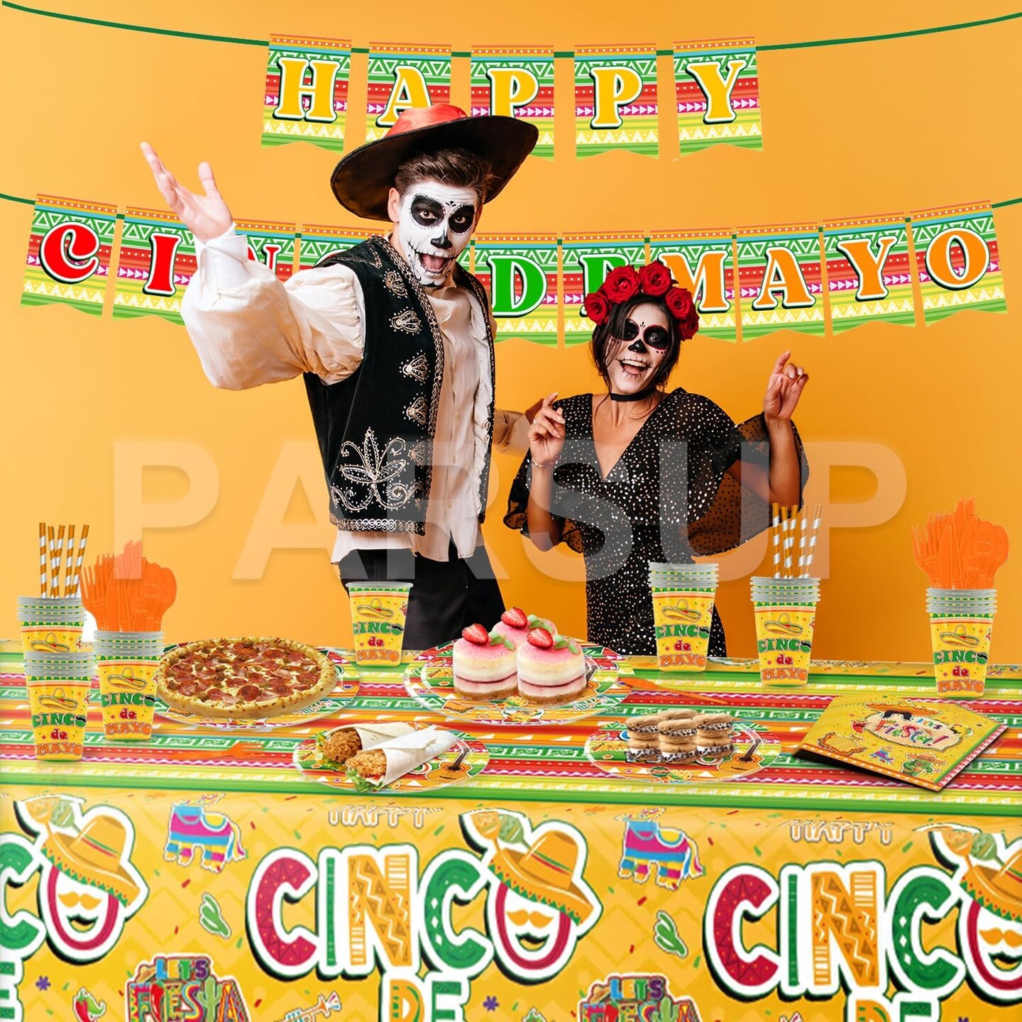 Cinco de Mayo Party Tableware Set - Serves 25 Mexican Theme Party Supplies, Disposable Plates, Tablecloth, Cups, Forks, Spoons, Knife, Napkins, Straws Dinnerware Utensils for Mexico Party