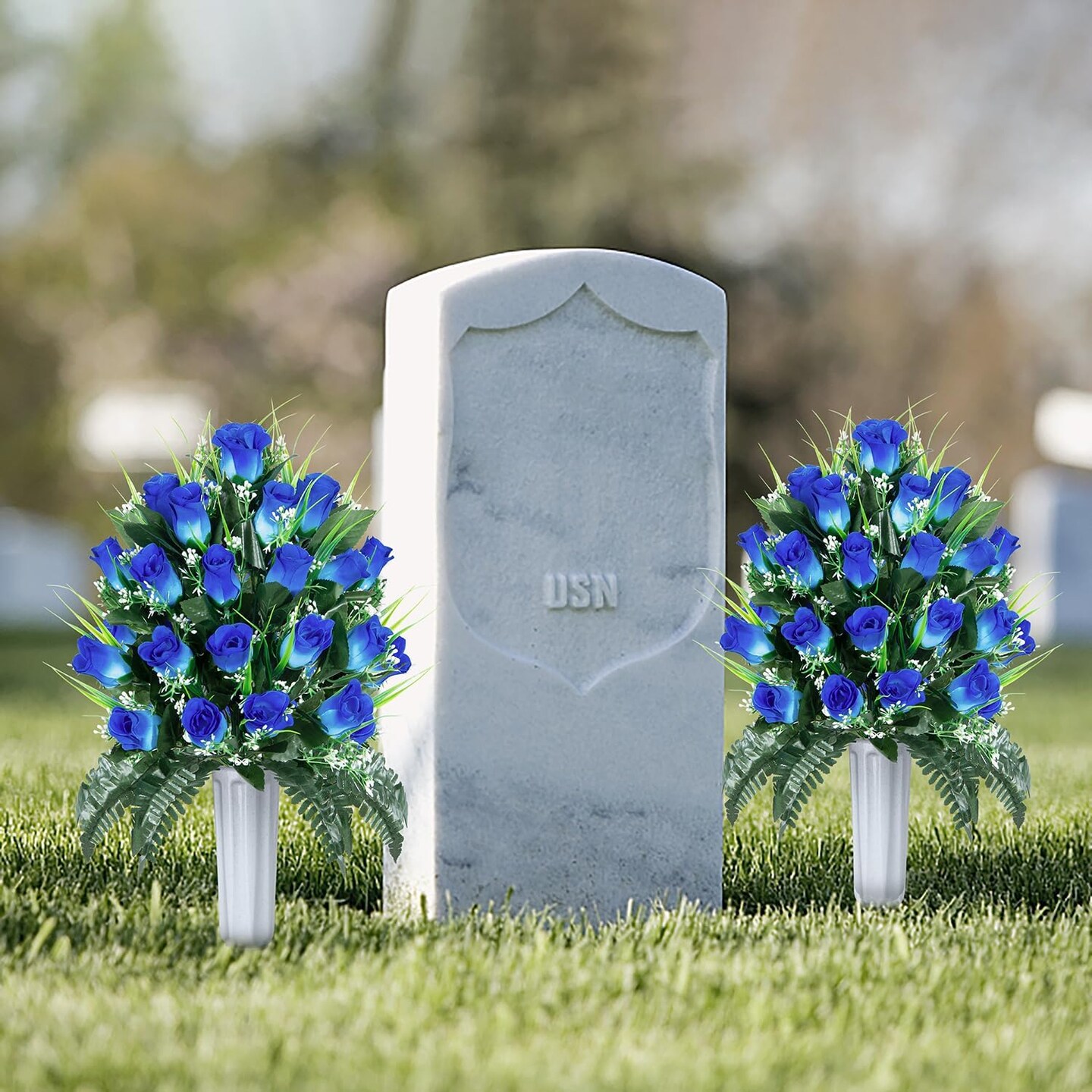 2 Sets (Pure Blue) Memorial Flowers Bouquet with Cemetery Vase