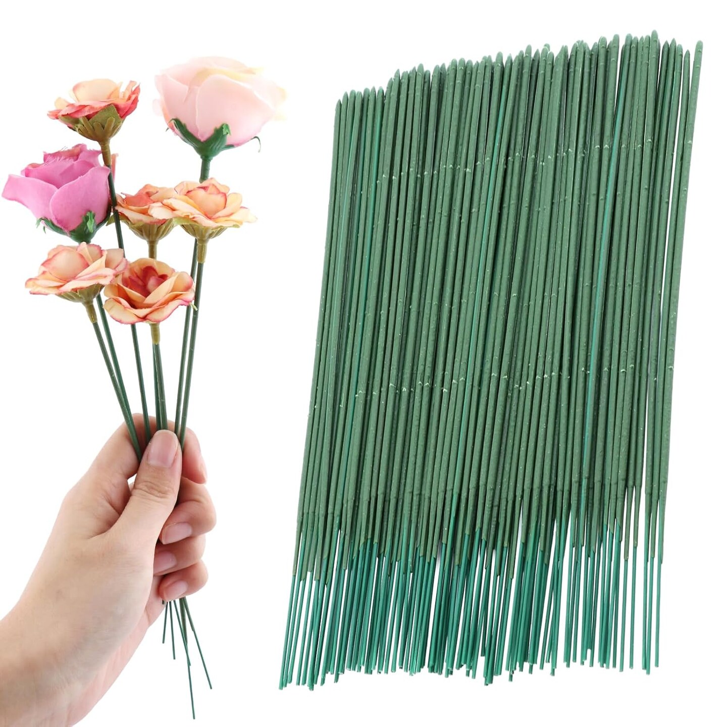 Floral Flower Stem Wire,100pcs Floral Stem Wire Plastic Artificial Flower Green Stem Rod for Craft Bouquets Flower Stems Garland Making Flower Arrangements Supplies (6.69 inch/17cm)