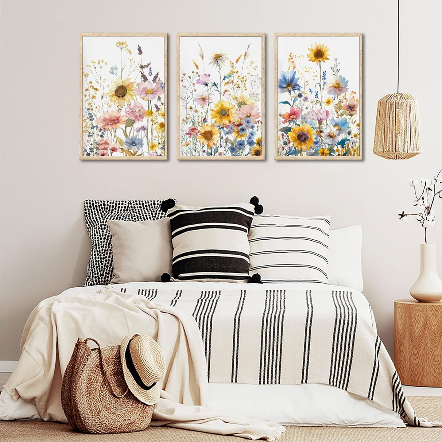 3pcs Summer Colorfully Sunflowers Canvas Wall Art Watercolor Wildflowers Poster Prints Botanical Flowers Wall Decor Pictures for Living Room Bedroom Girl Room Paintings Artwork Decoration Unframed